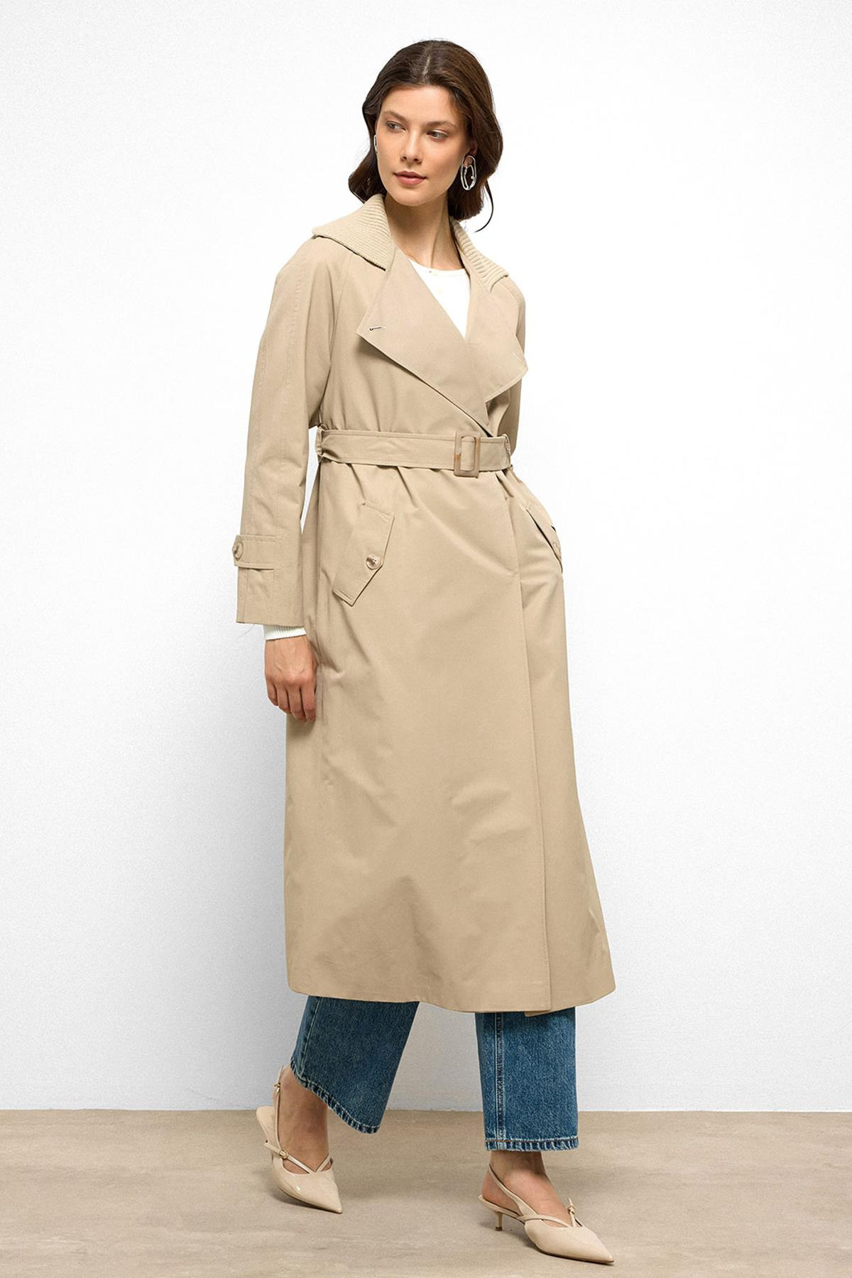 Rib Collar Raglan Sleeve Water Repellent Trench Coat IVORY 6758