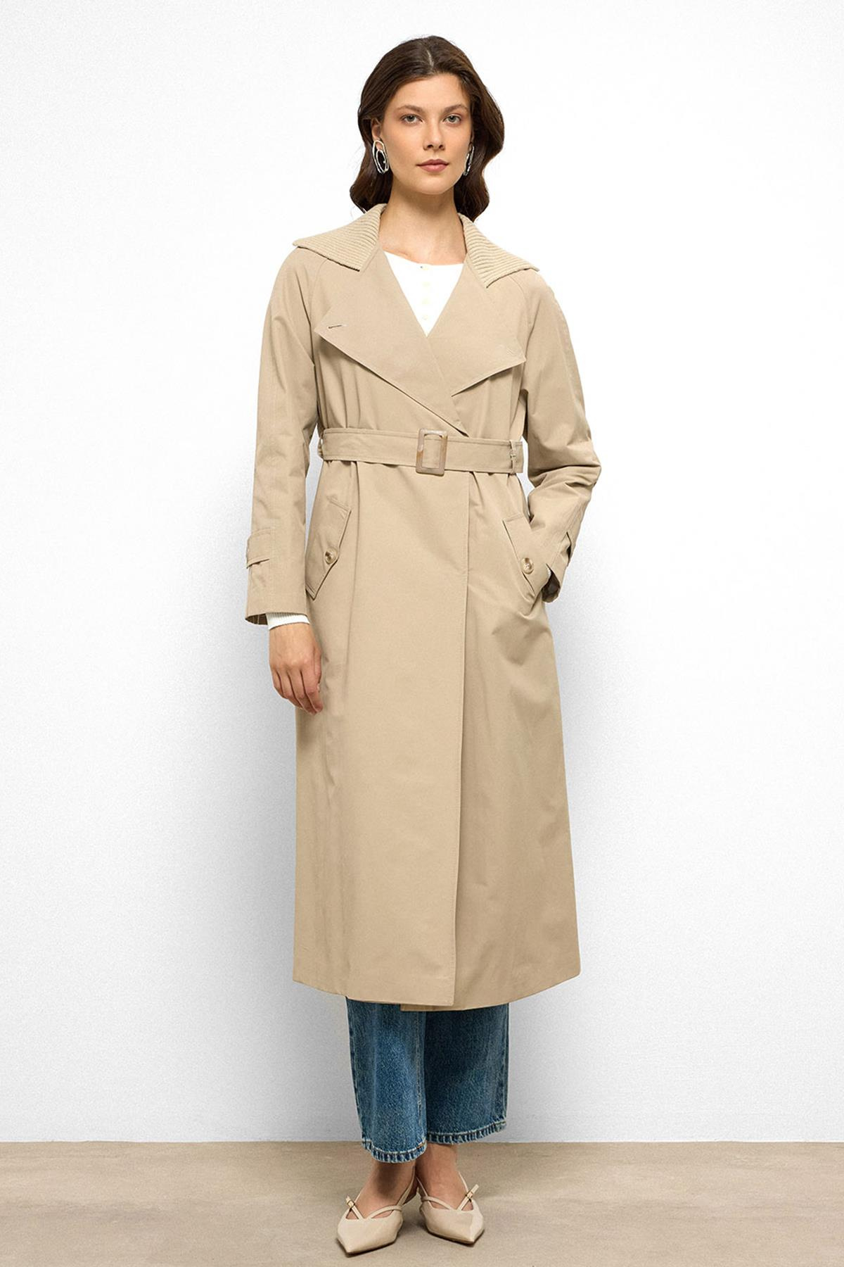 Rib Collar Raglan Sleeve Water Repellent Trench Coat IVORY 6758