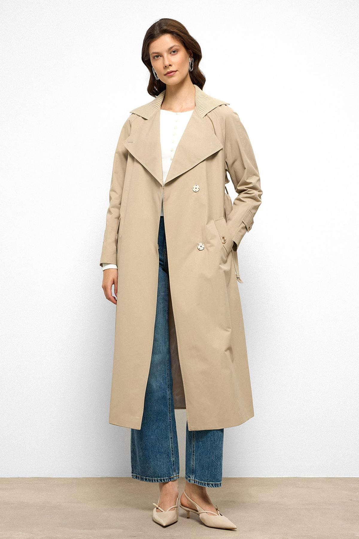 Rib Collar Raglan Sleeve Water Repellent Trench Coat IVORY 6758