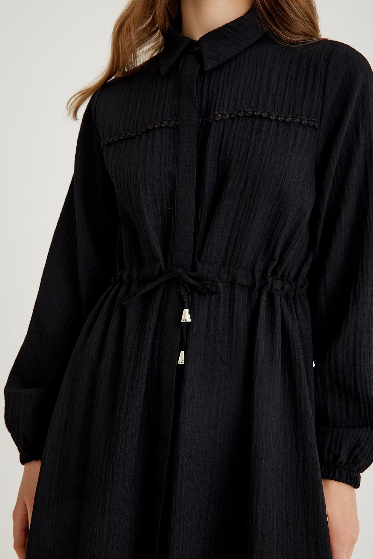 Long Dress with Pleated Waist and Scallop Detail BLACK 9494-E