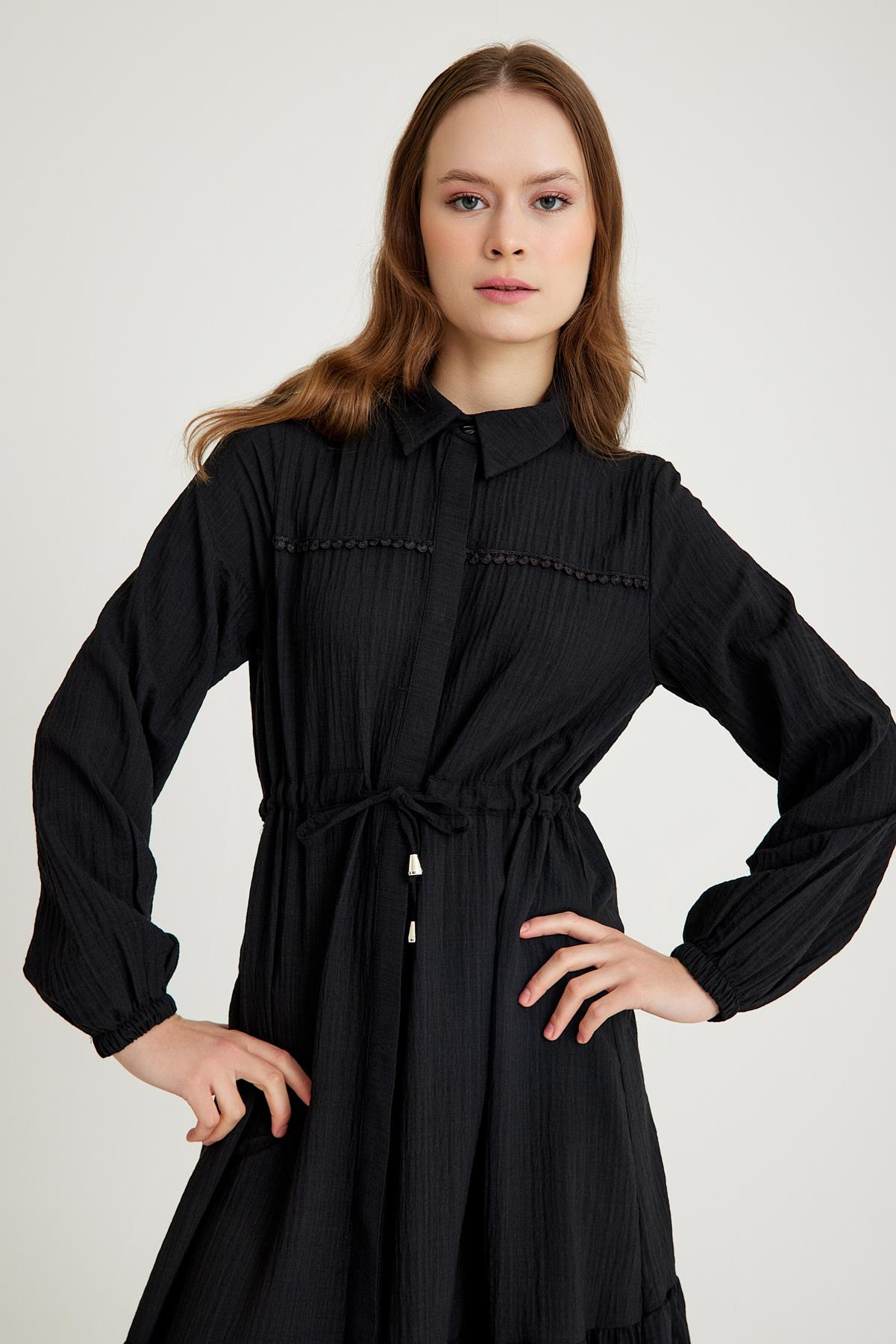 Long Dress with Pleated Waist and Scallop Detail BLACK 9494-E