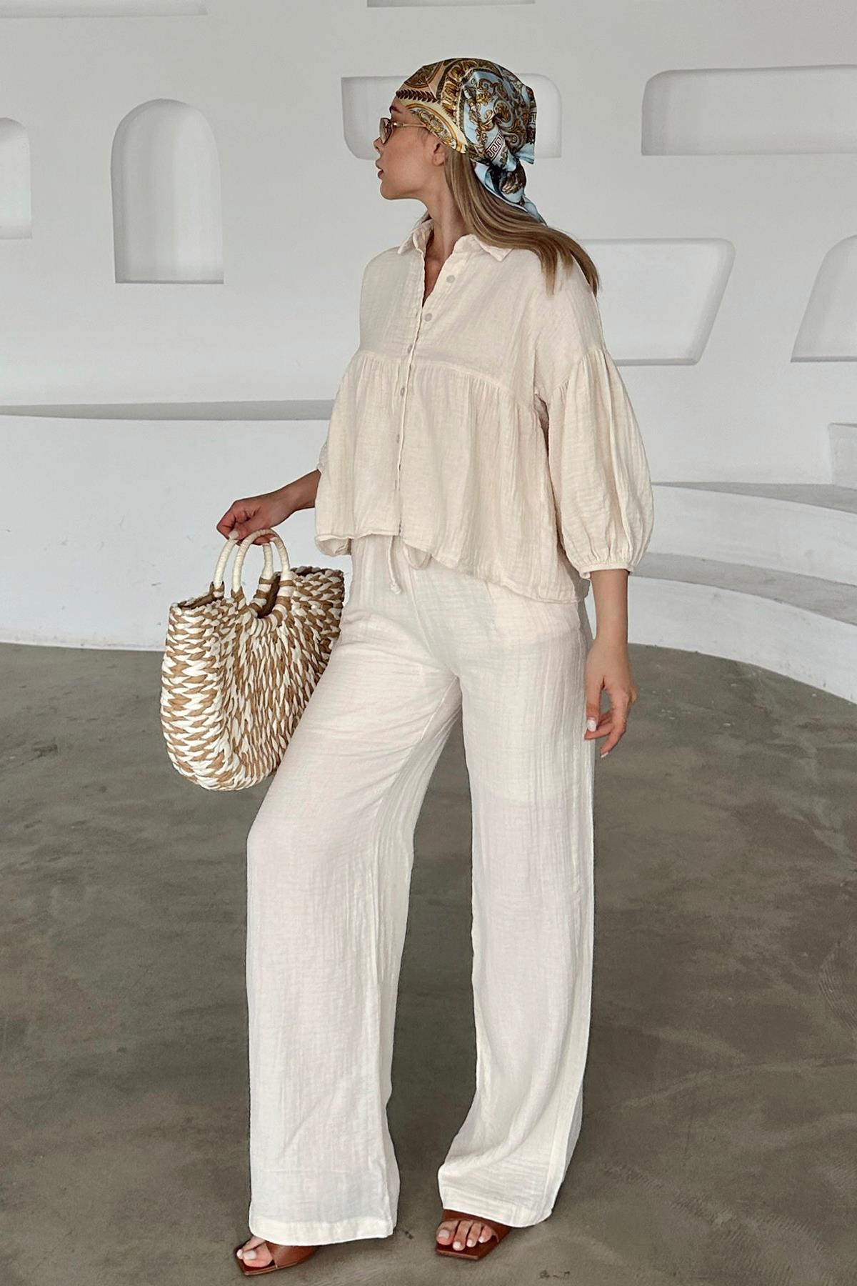 Salaş Kısa Gömlekli İkili Müslin Takım BEJ 9355-TK