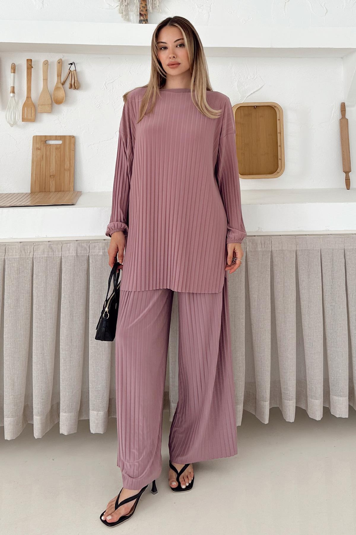 Sandy Fabric Pleated Tunic Trousers Two Piece Set POWDER 9361-TK