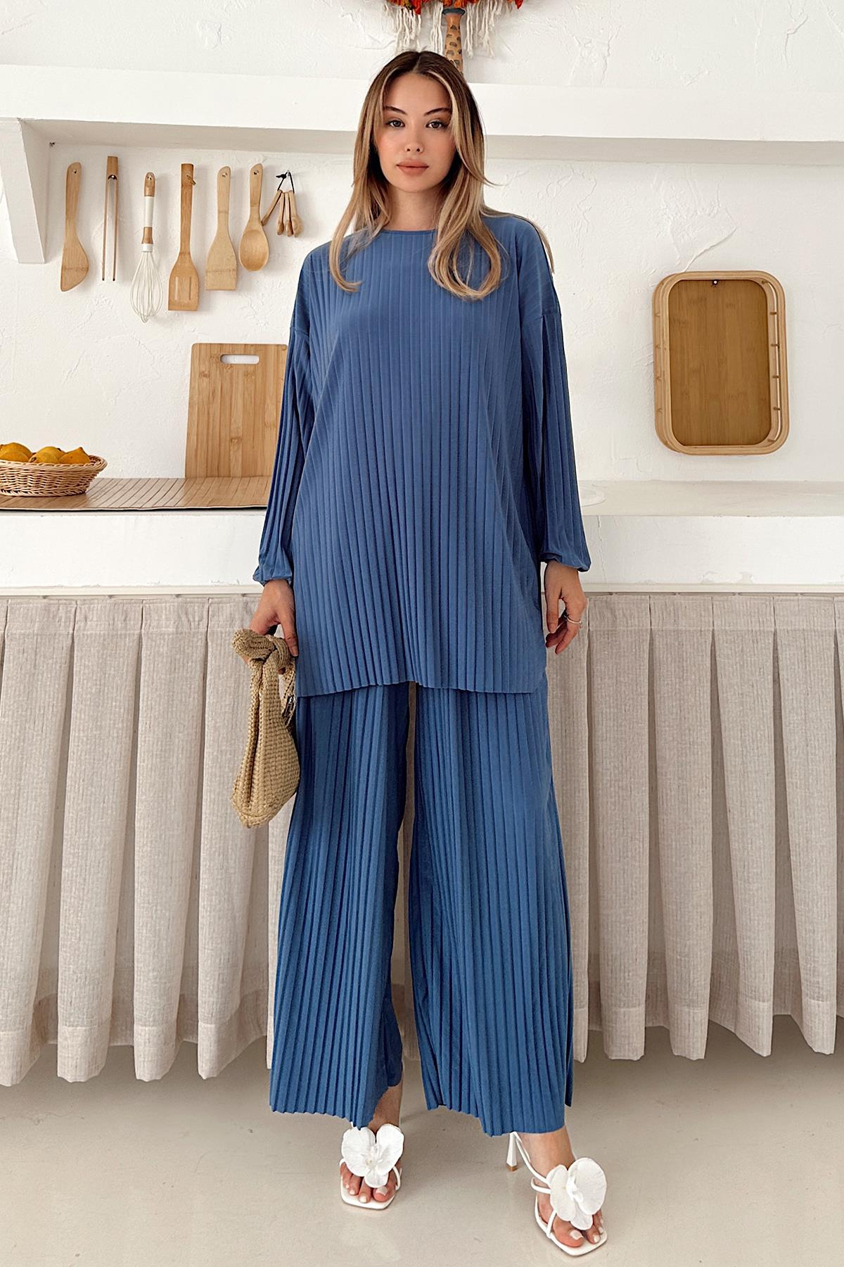 Sandy Fabric Pleated Tunic Trousers Two Piece Set BLUE 9361-TK