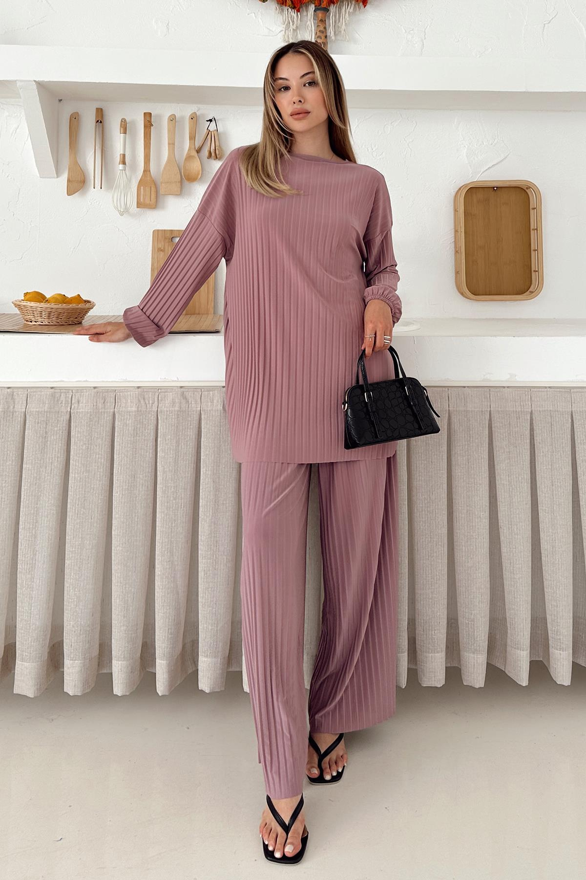 Sandy Fabric Pleated Tunic Trousers Two Piece Set POWDER 9361-TK