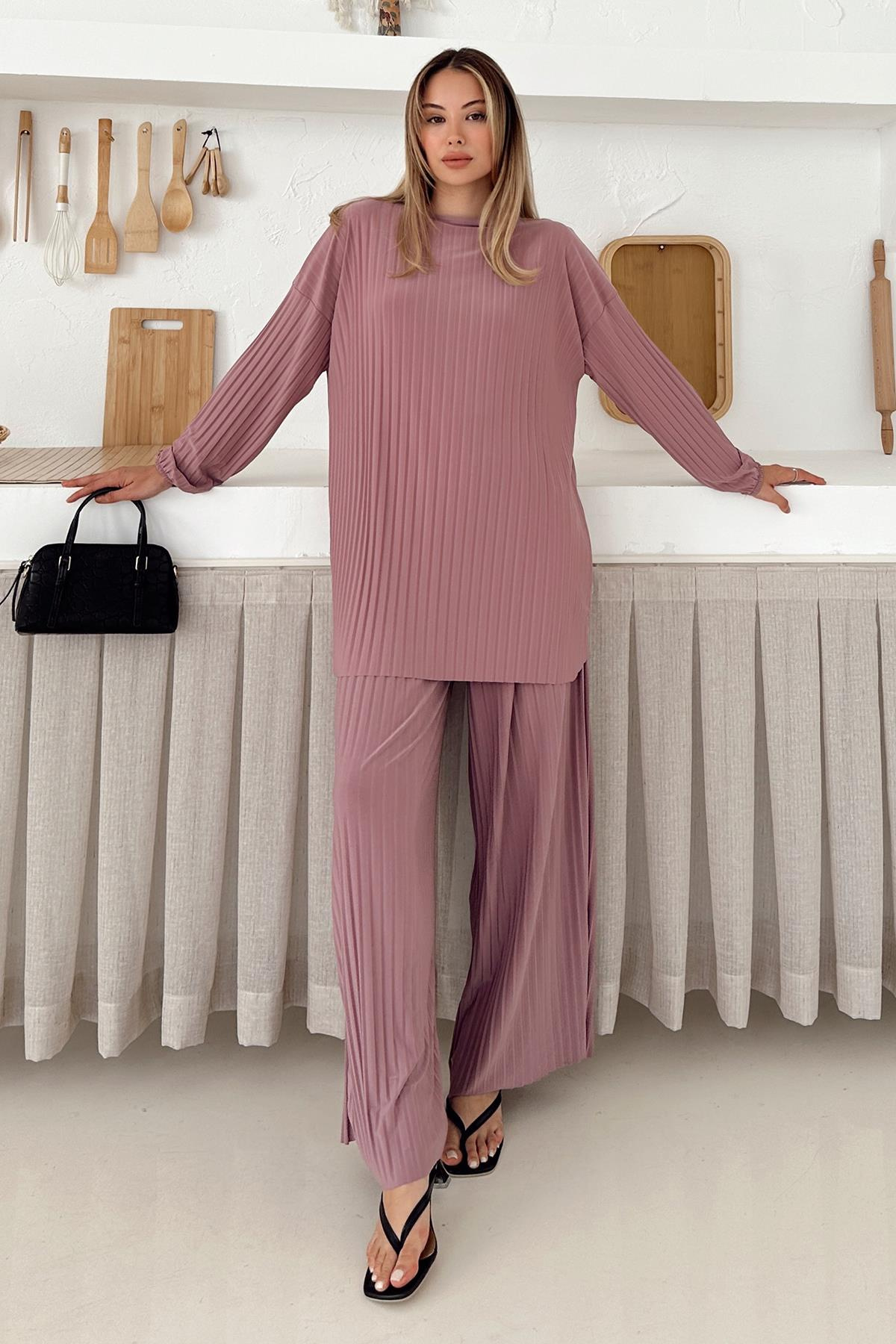 Sandy Fabric Pleated Tunic Trousers Two Piece Set POWDER 9361-TK