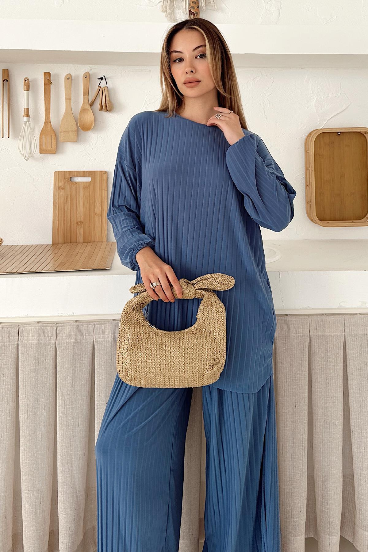 Sandy Fabric Pleated Tunic Trousers Two Piece Set BLUE 9361-TK