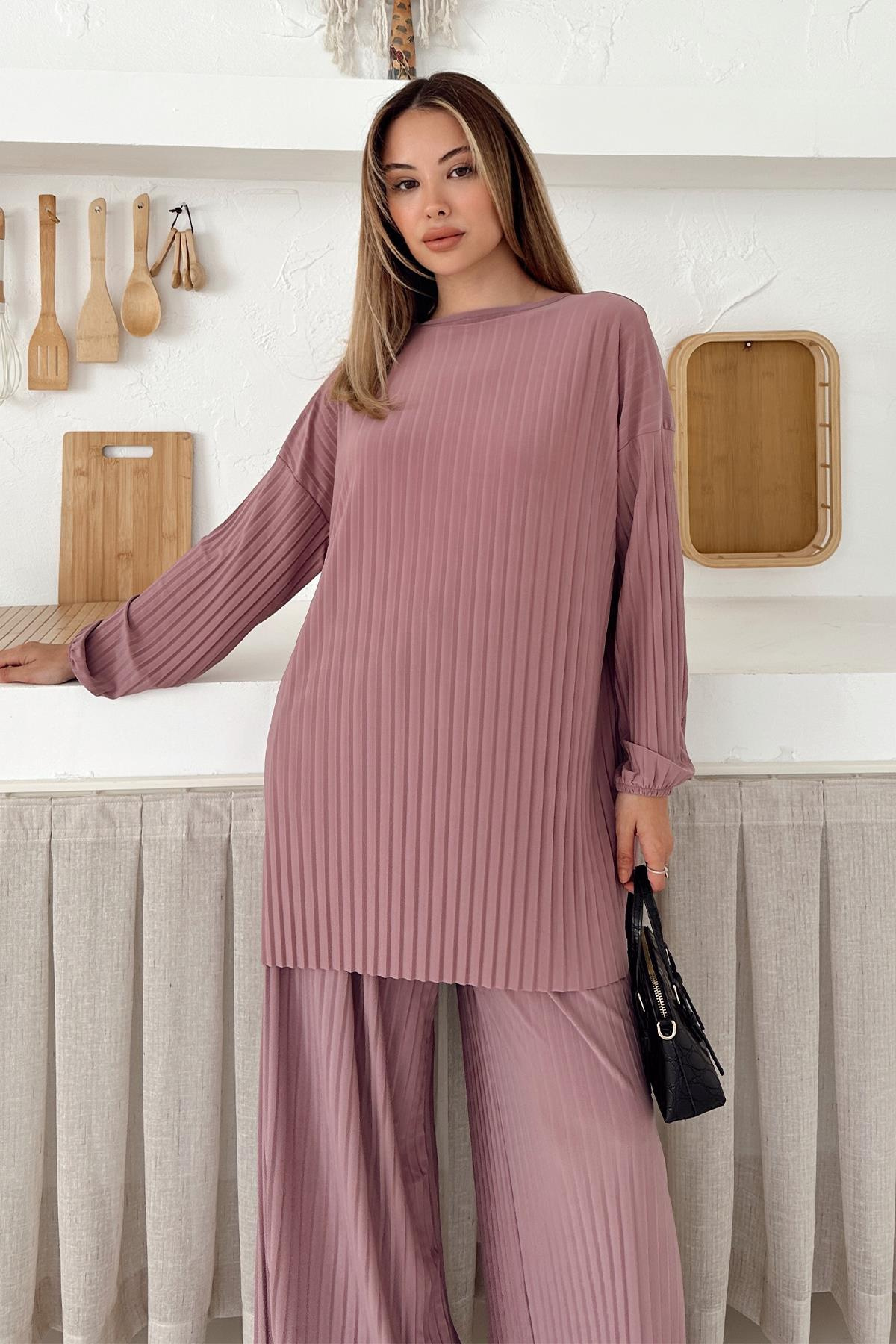 Sandy Fabric Pleated Tunic Trousers Two Piece Set POWDER 9361-TK