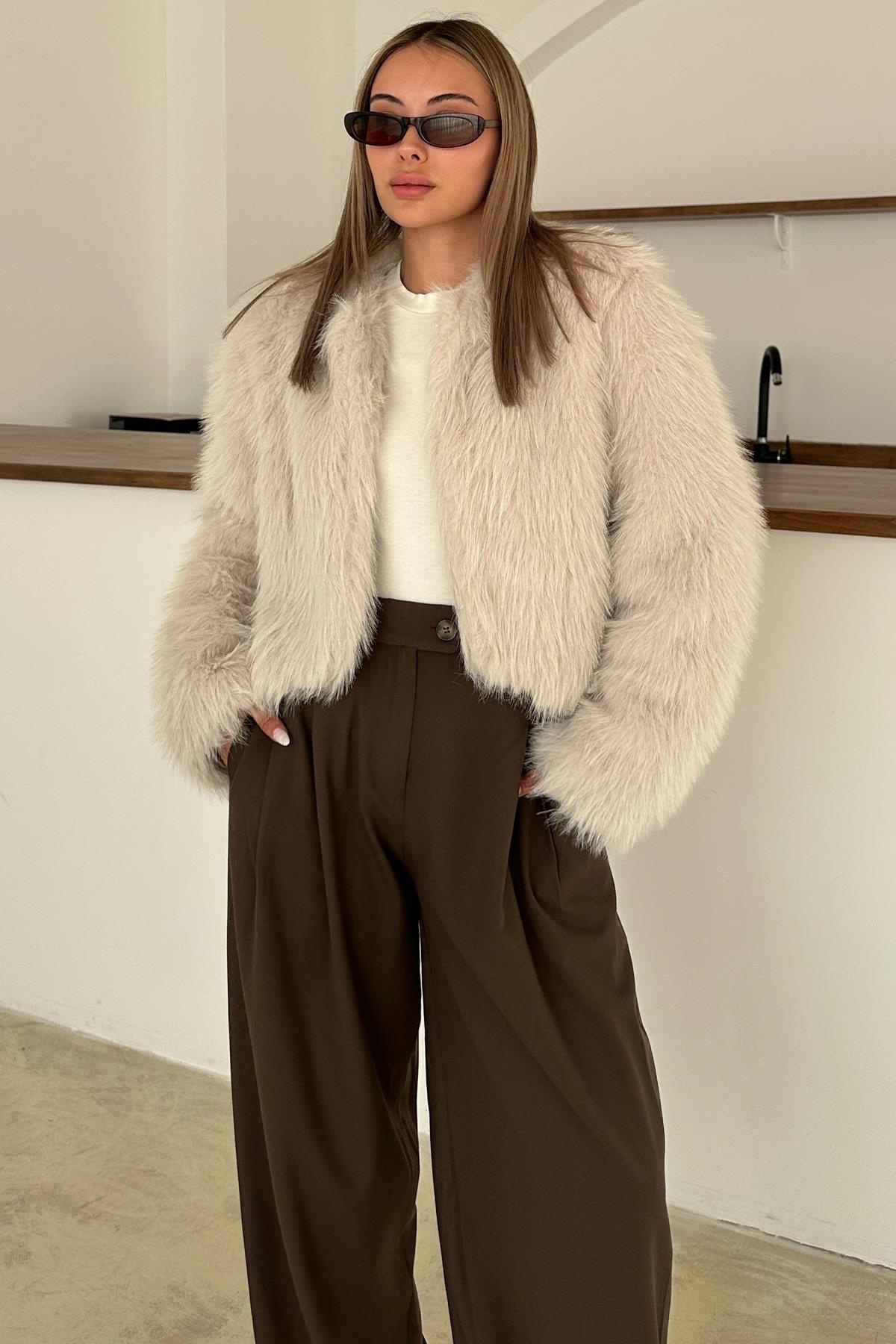 Sıfır Yaka Crop Suni Kürk Ceket TAŞ 1014