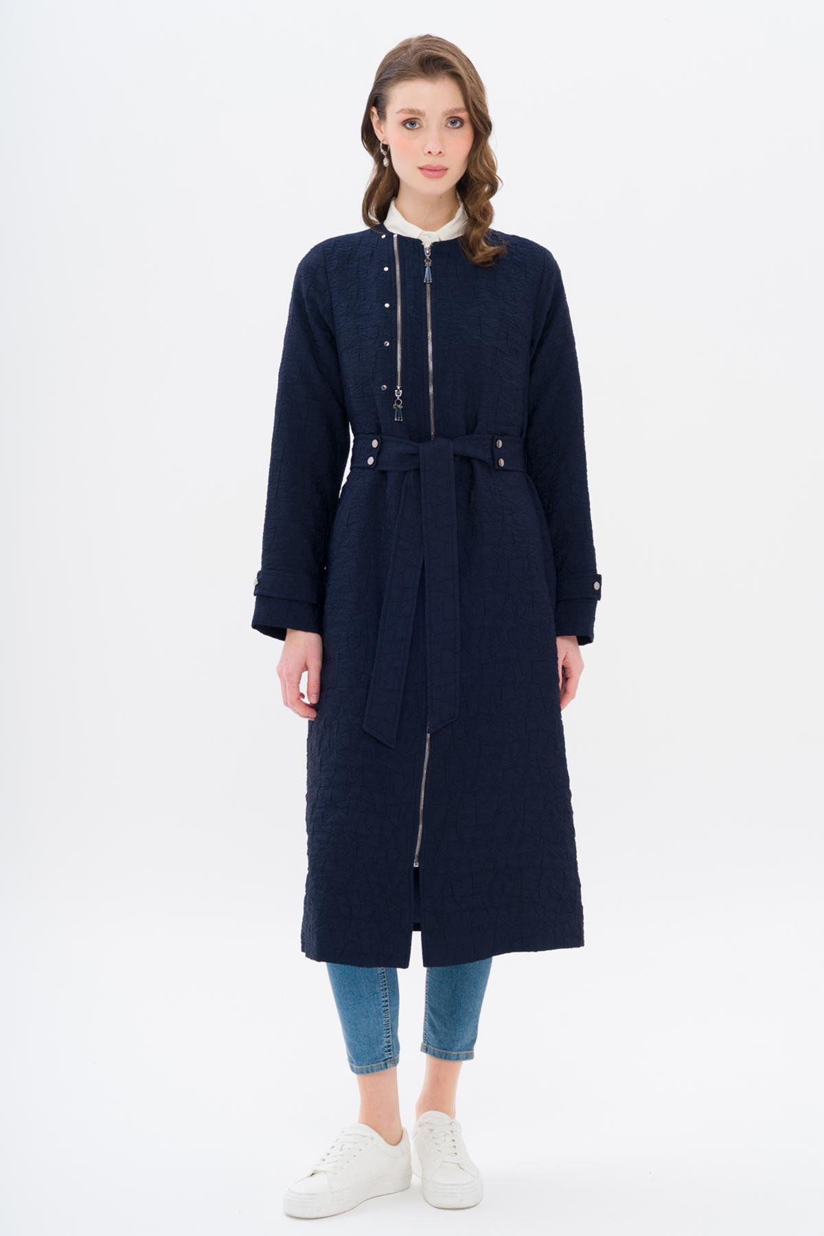 Crew Neck Zipper Detailed Quilted Patterned Lightweight Coat NAVY 6707