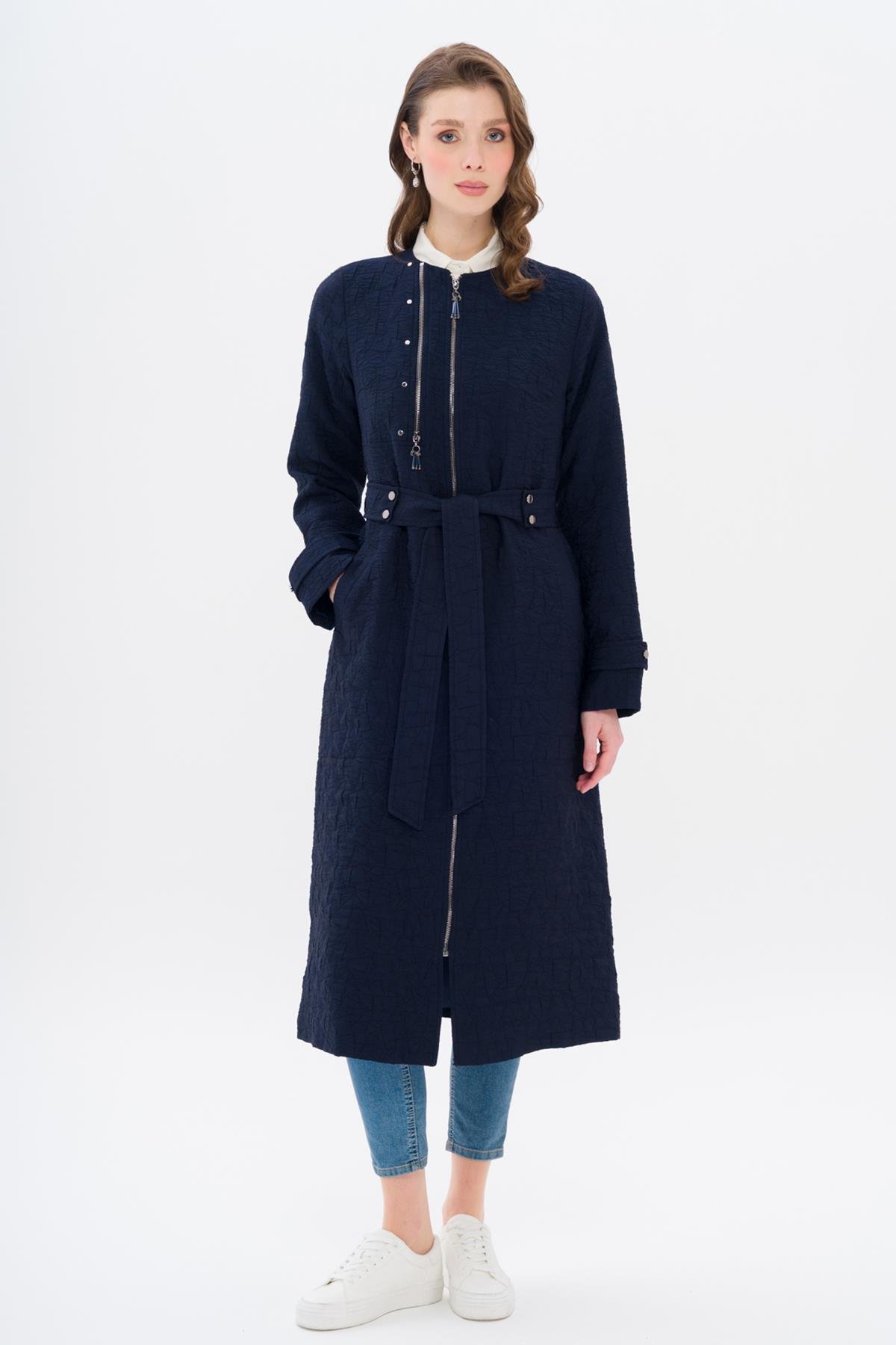 Crew Neck Zipper Detailed Quilted Patterned Lightweight Coat NAVY 6707