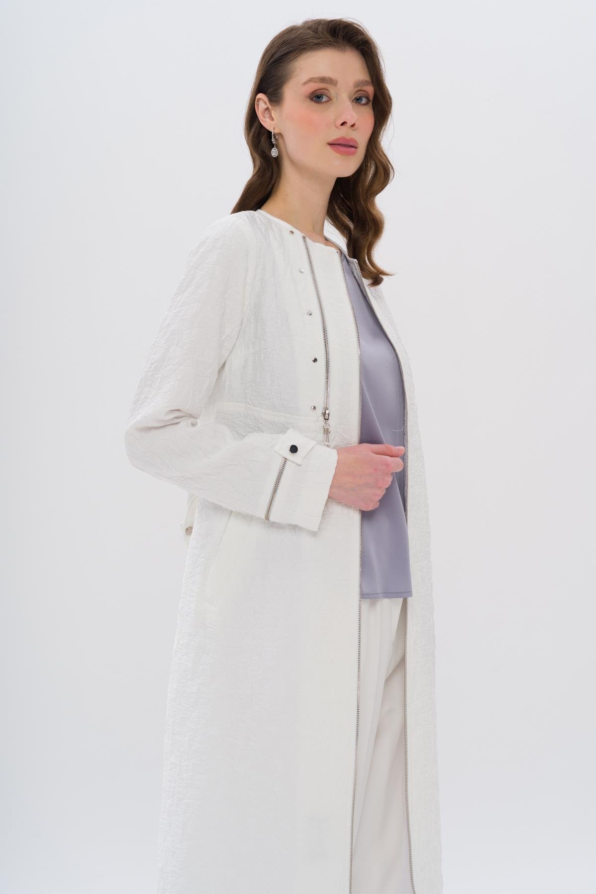 Crew Neck Zipper Detailed Quilted Patterned Lightweight Coat IVORY 6707