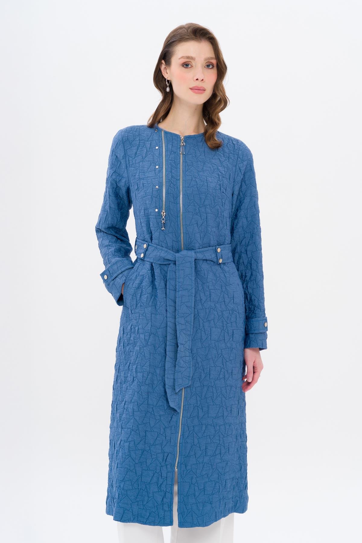 Crew Neck Zipper Detailed Quilted Patterned Lightweight Coat İNDİGO 6707