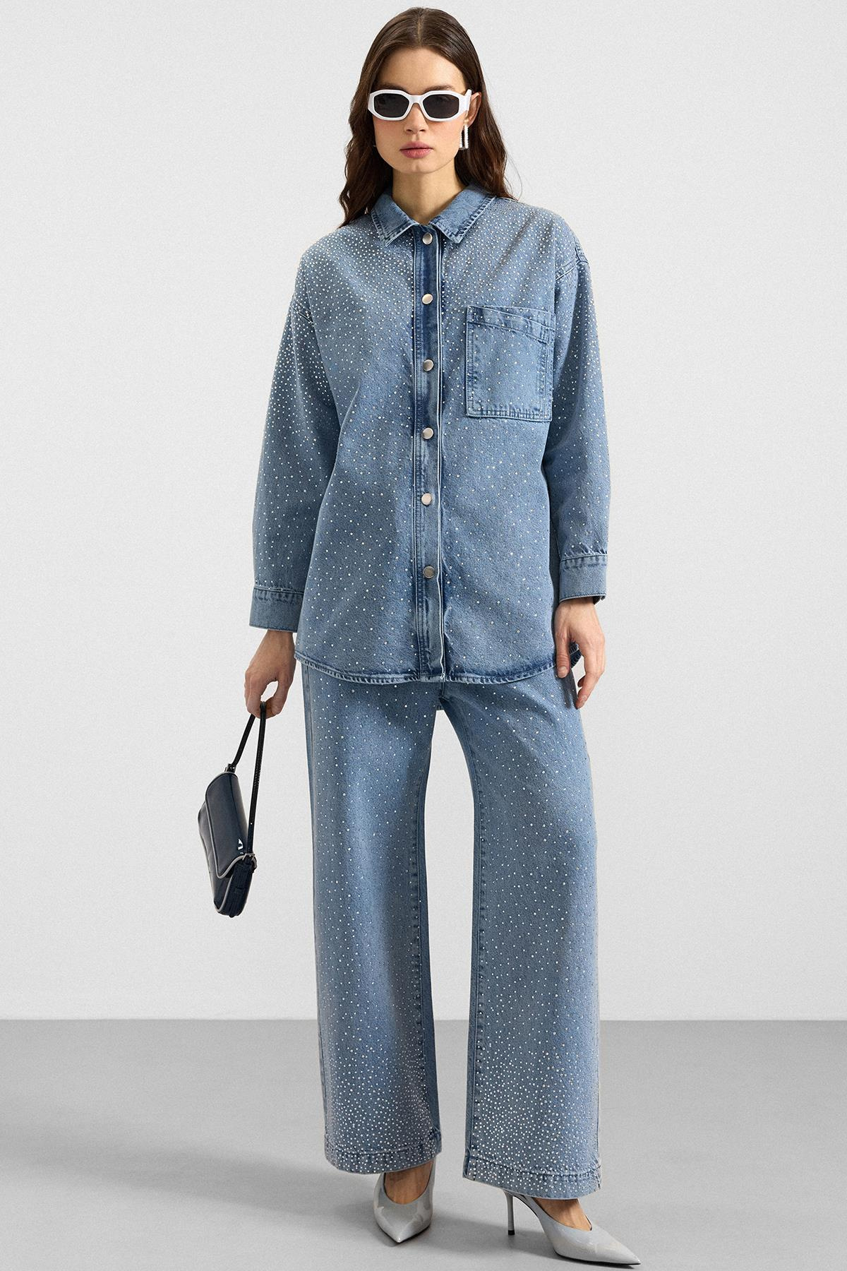 Taş Bezeli Ceket Pantolon Denim İkili Takım AÇIK MAVİ 9387-TK