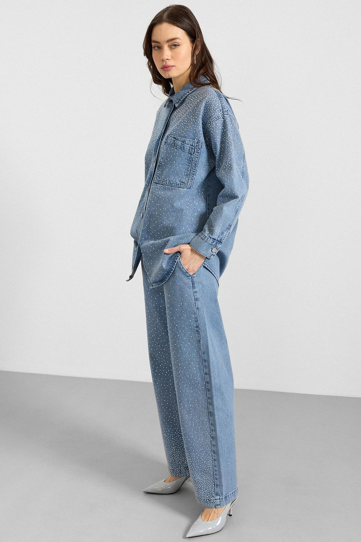 Taş Bezeli Ceket Pantolon Denim İkili Takım AÇIK MAVİ 9387-TK