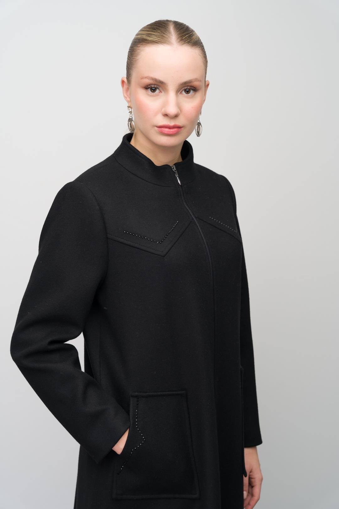 Stone Detailed Plus Size Wool Blend Long Coat BLACK 6634