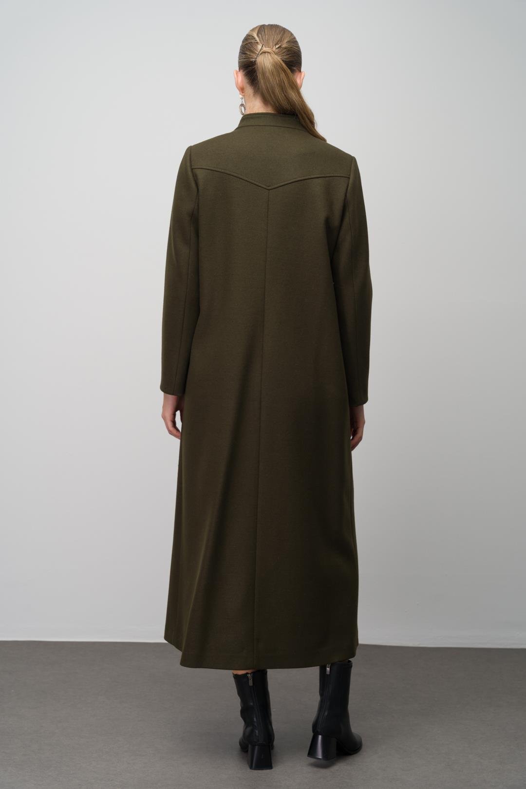 Stone Detailed Plus Size Wool Blend Long Coat DRAB 6634