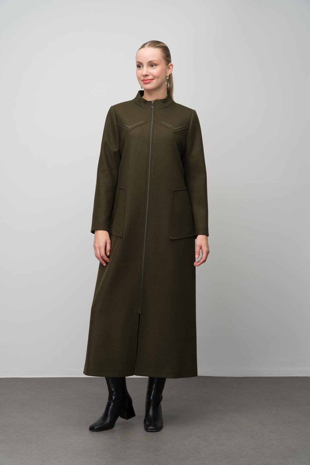 Stone Detailed Plus Size Wool Blend Long Coat DRAB 6634