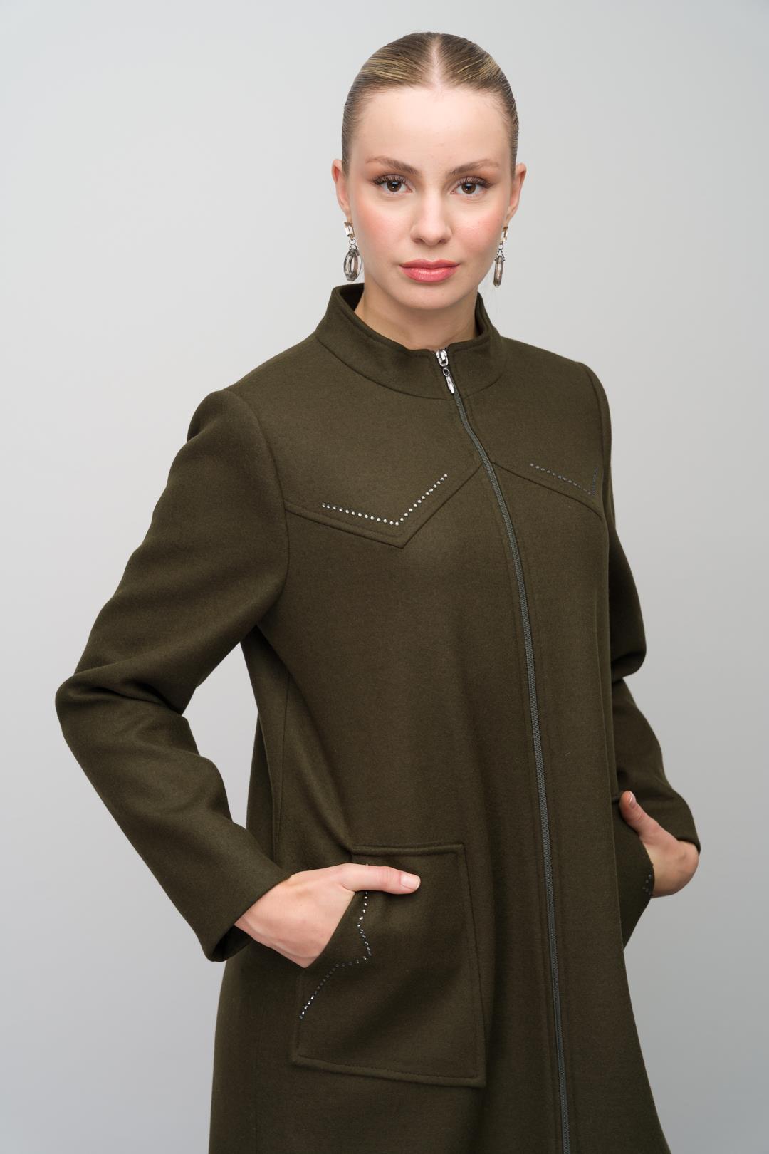 Stone Detailed Plus Size Wool Blend Long Coat DRAB 6634