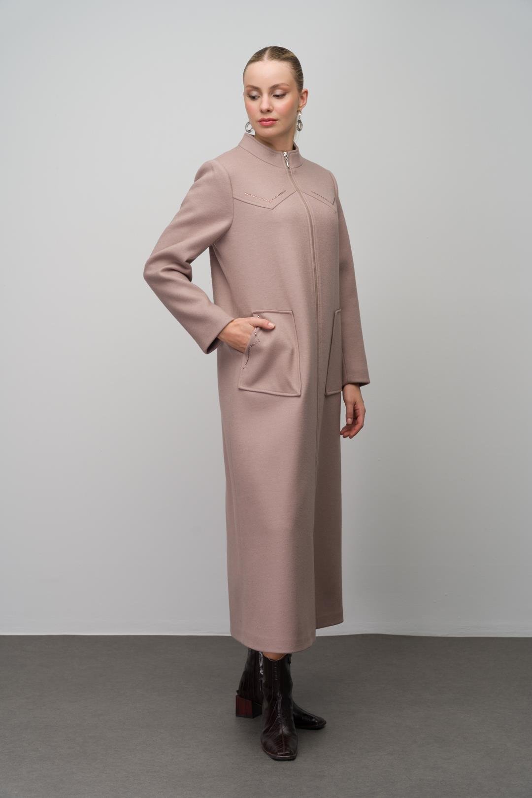 Stone Detailed Plus Size Wool Blend Long Coat IVORY 6634