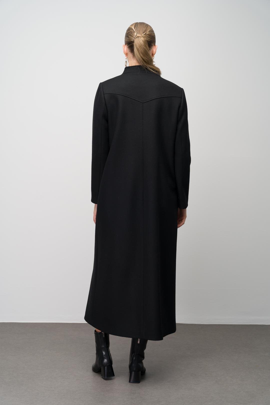 Stone Detailed Plus Size Wool Blend Long Coat BLACK 6634