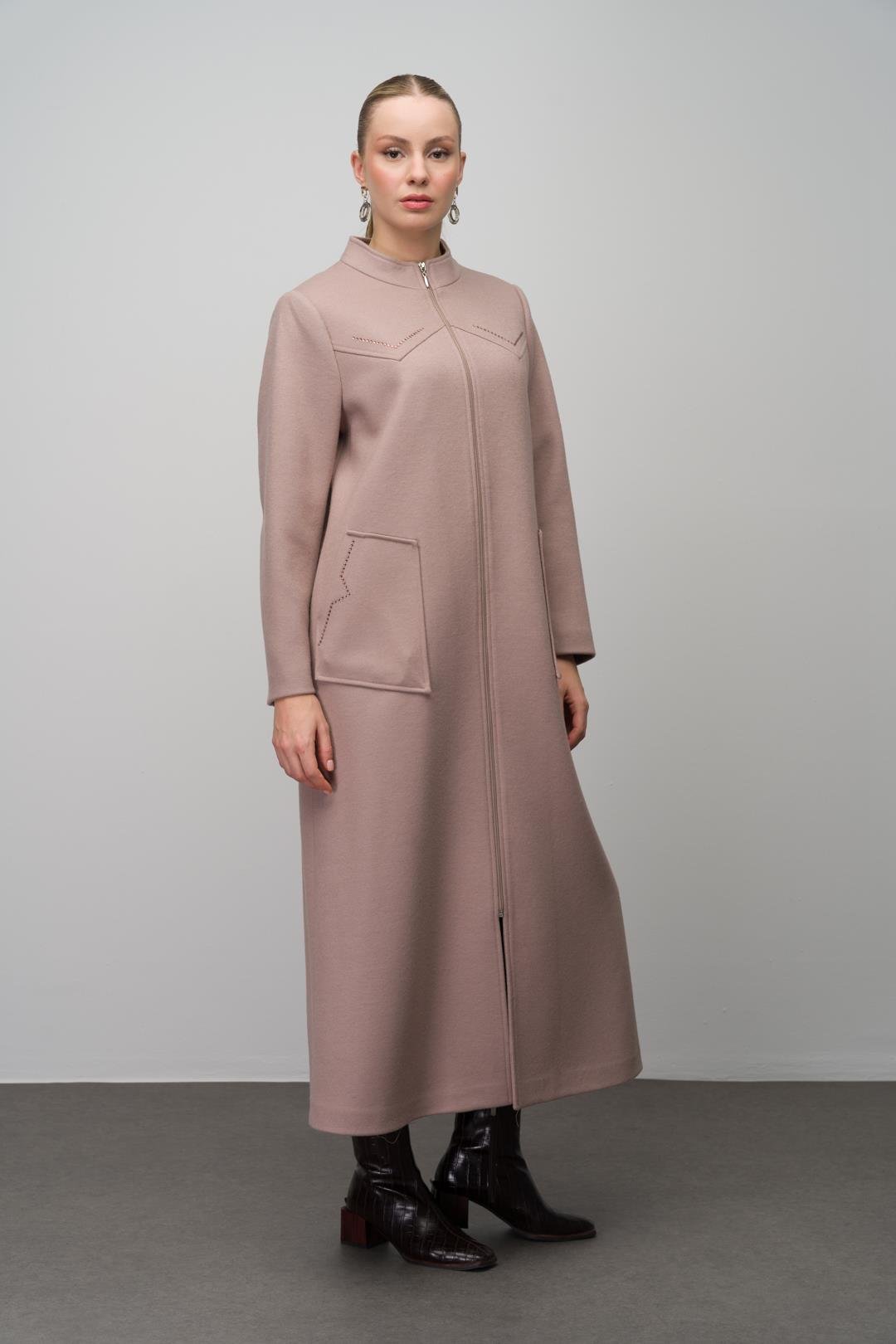 Stone Detailed Plus Size Wool Blend Long Coat IVORY 6634