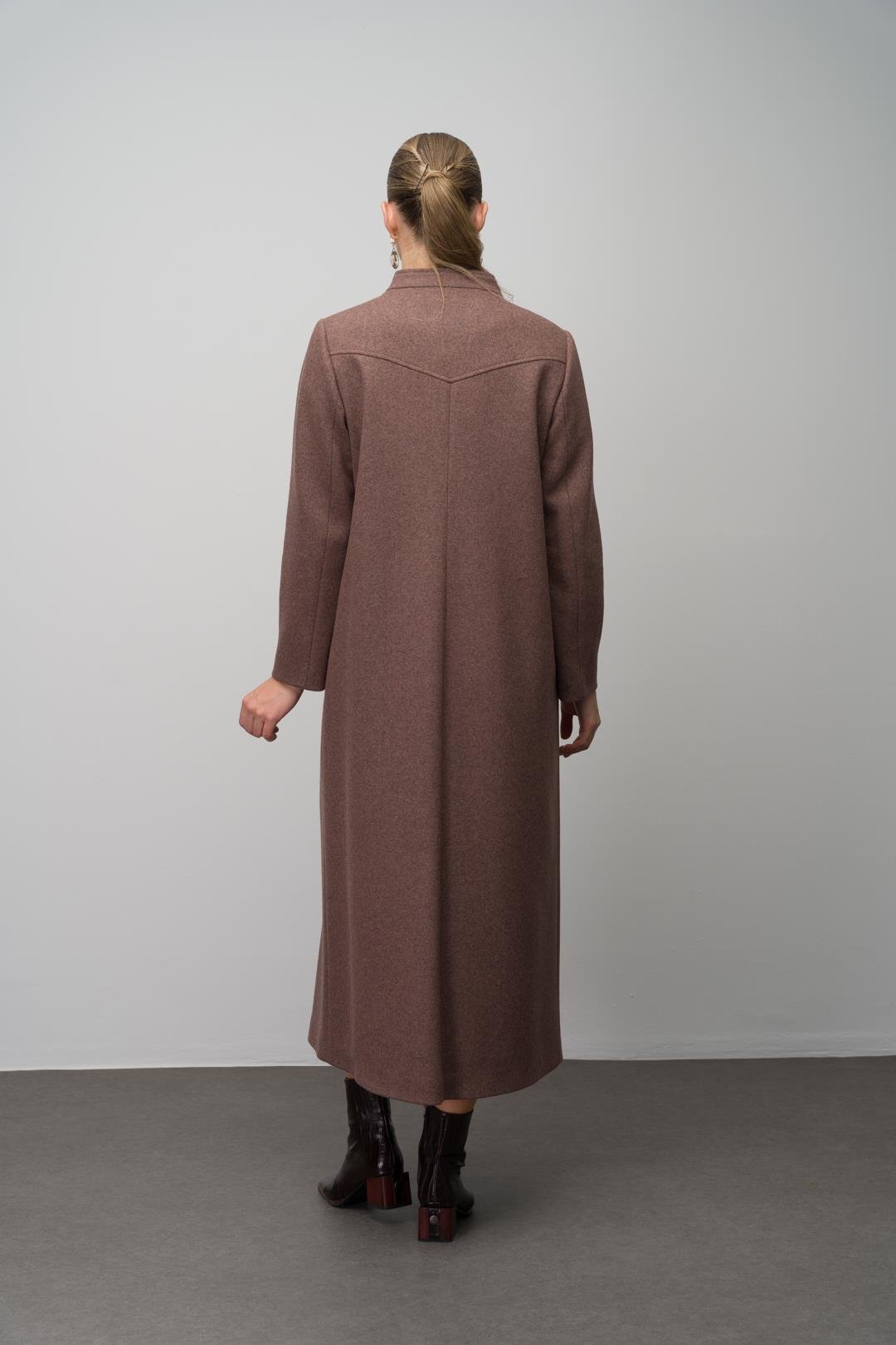 Stone Detailed Plus Size Wool Blend Long Coat COFFEE MELANGE 6634