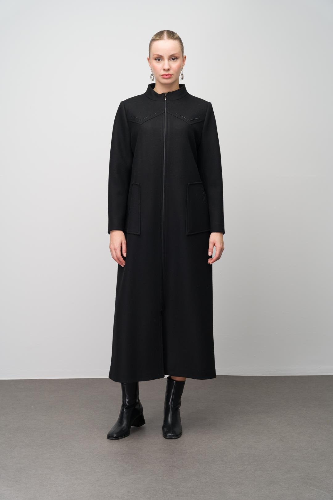 Stone Detailed Plus Size Wool Blend Long Coat BLACK 6634