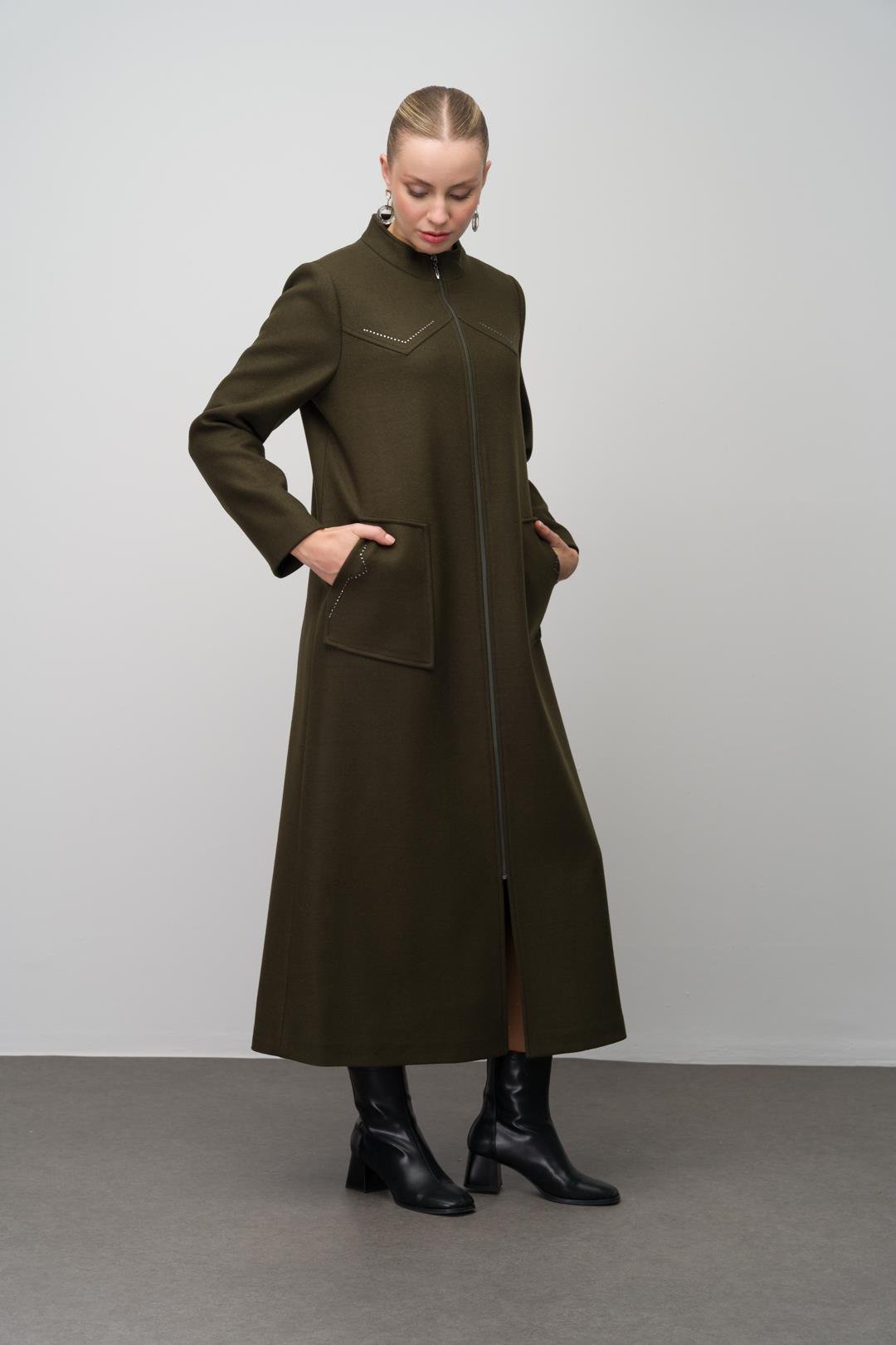 Stone Detailed Plus Size Wool Blend Long Coat DRAB 6634