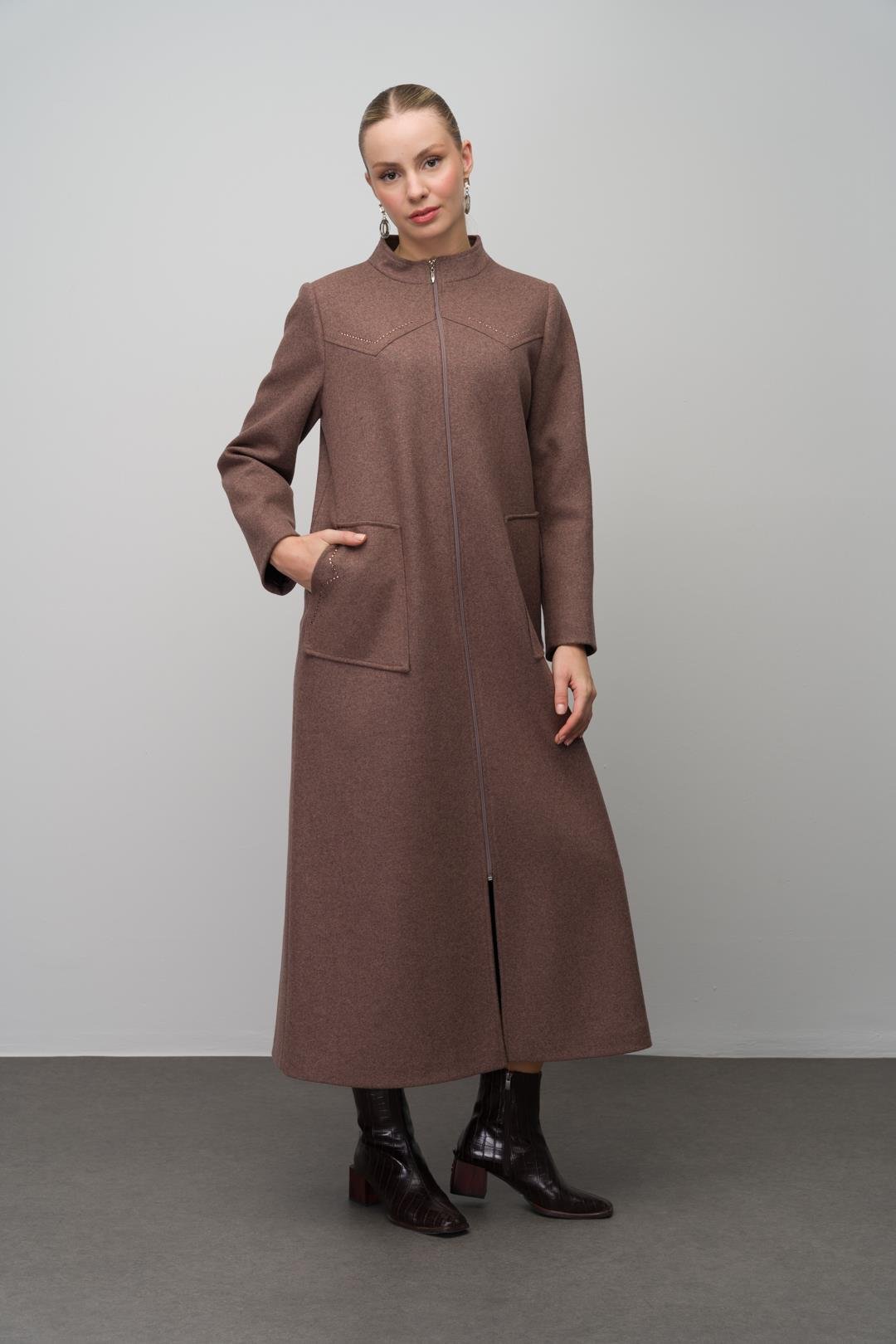 Stone Detailed Plus Size Wool Blend Long Coat COFFEE MELANGE 6634