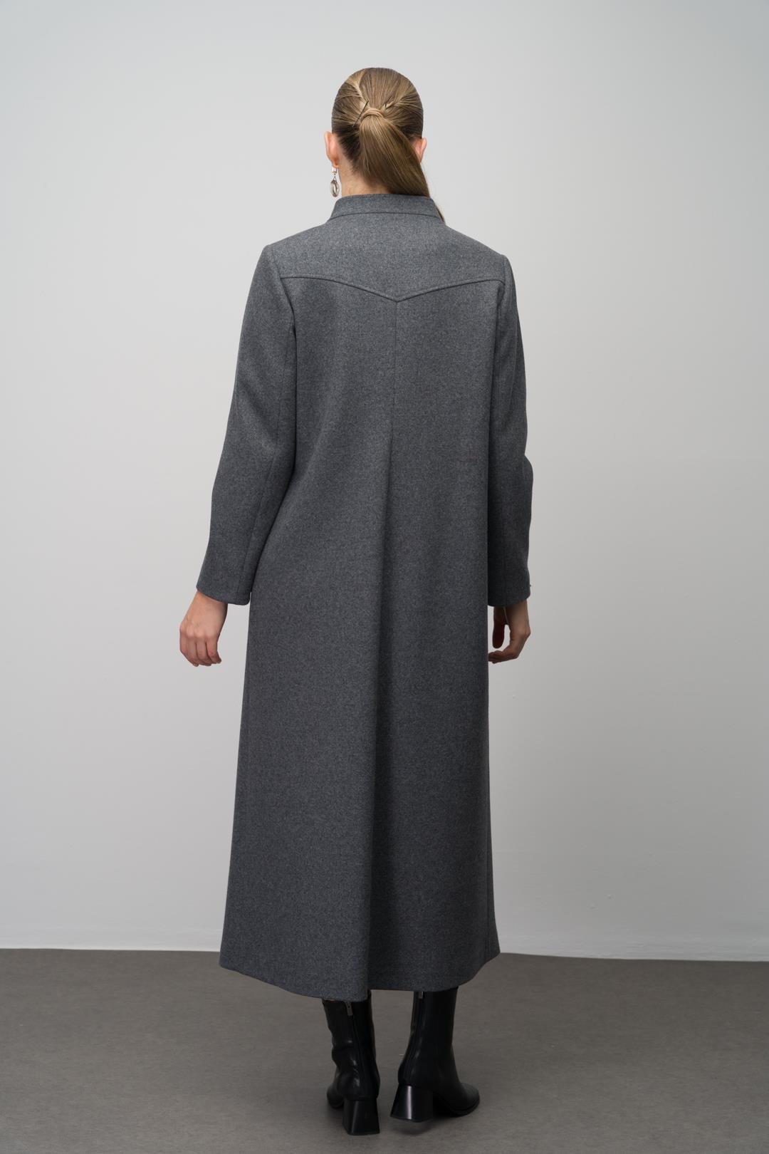 Stone Detailed Plus Size Wool Blend Long Coat HARD COAL 6634