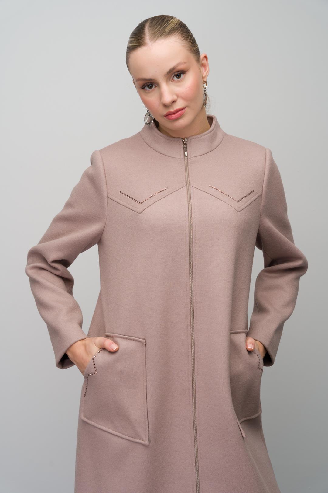 Stone Detailed Plus Size Wool Blend Long Coat IVORY 6634