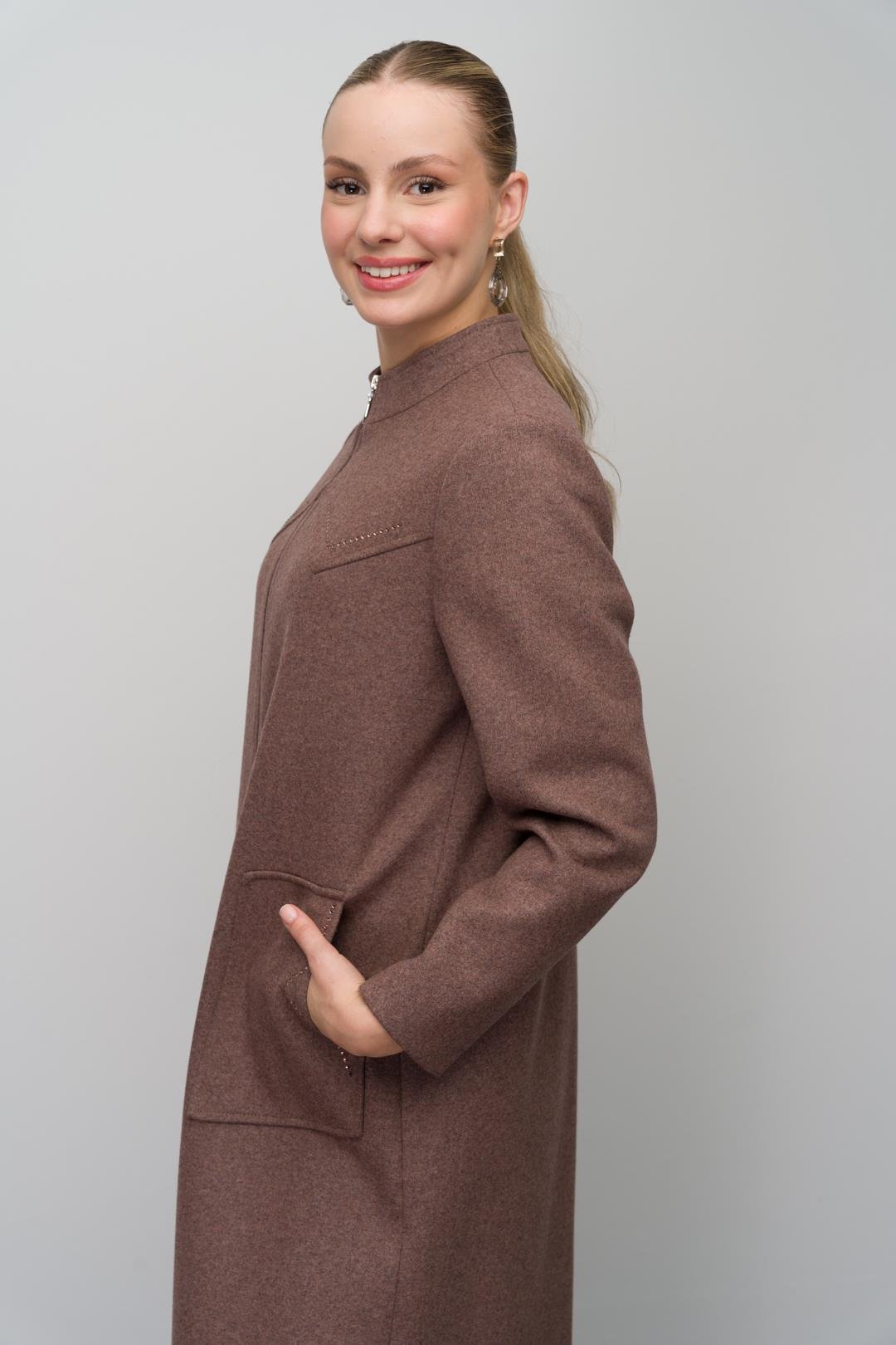 Stone Detailed Plus Size Wool Blend Long Coat COFFEE MELANGE 6634