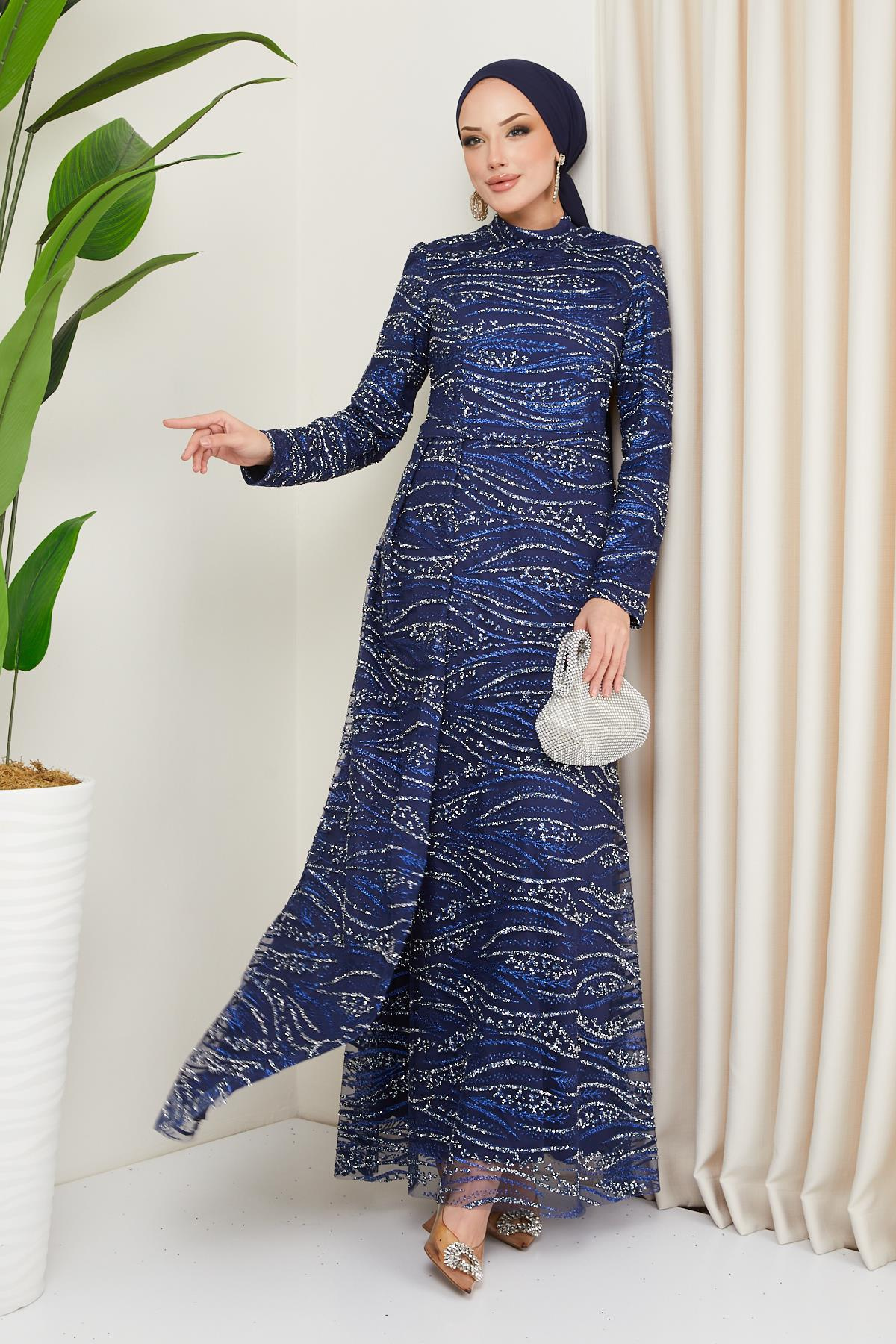 Tulle Hijab Evening Dress with Stone and Sequined Pattern NAVY 1209