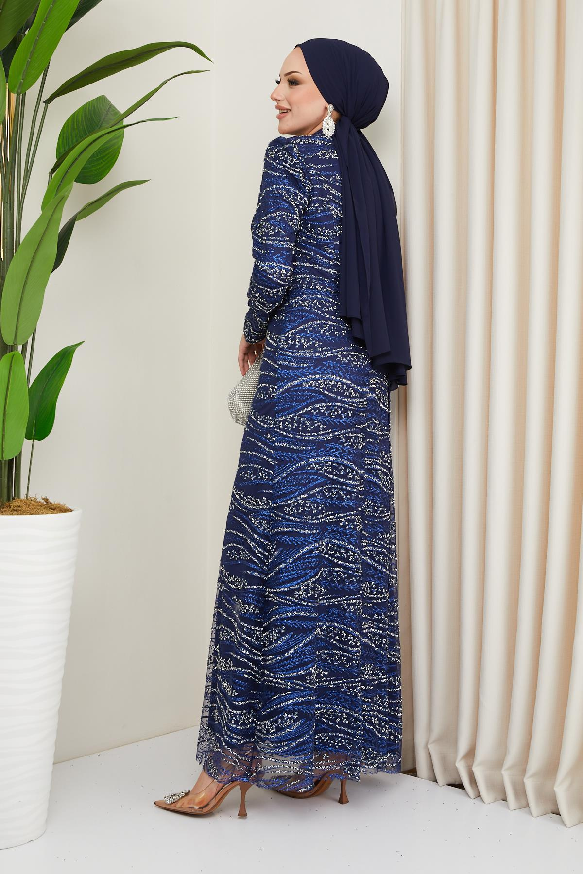 Tulle Hijab Evening Dress with Stone and Sequined Pattern NAVY 1209