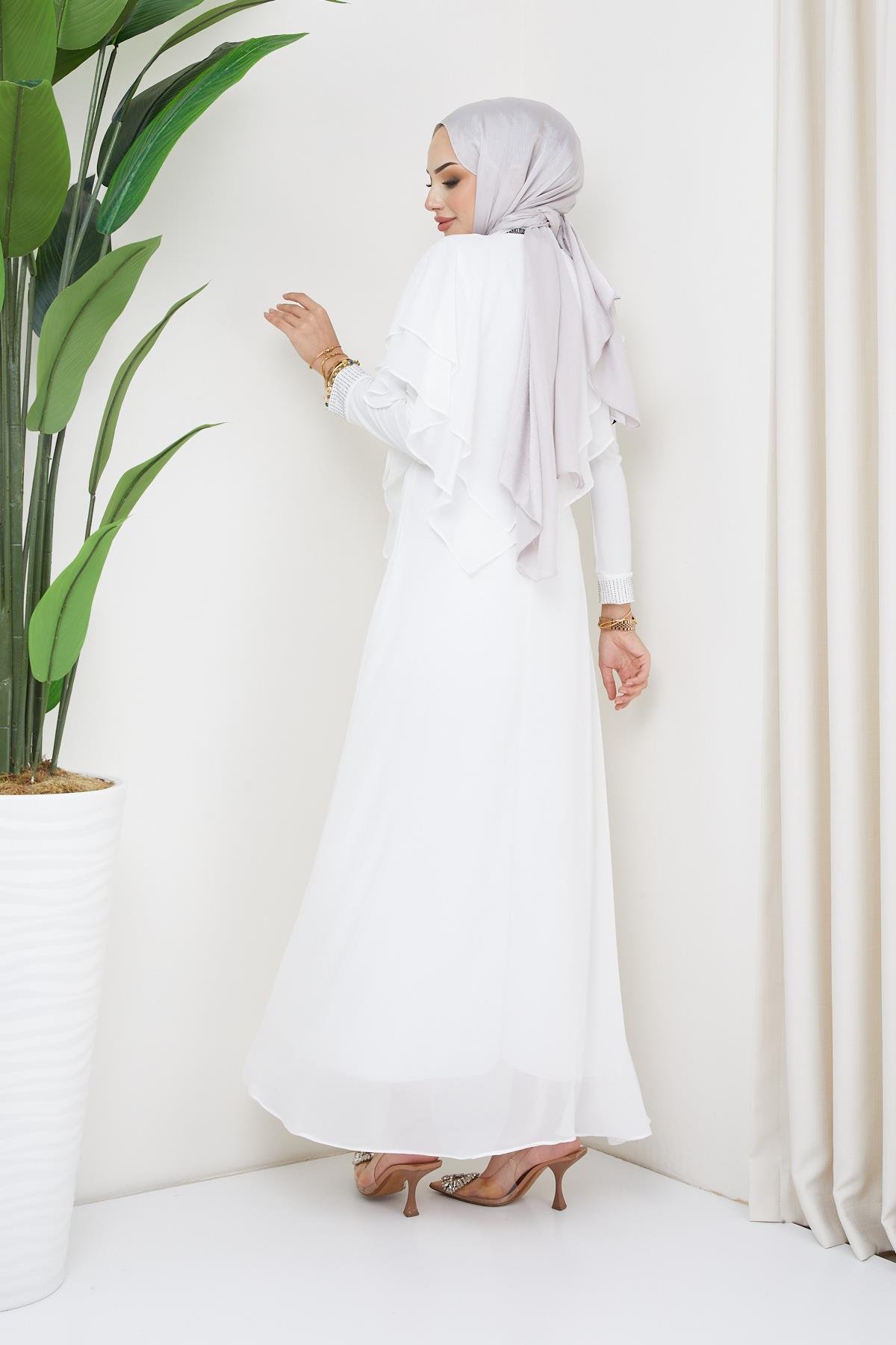 Chiffon Hijab Evening Dress with Stone and Flounce Details WHITE 1651