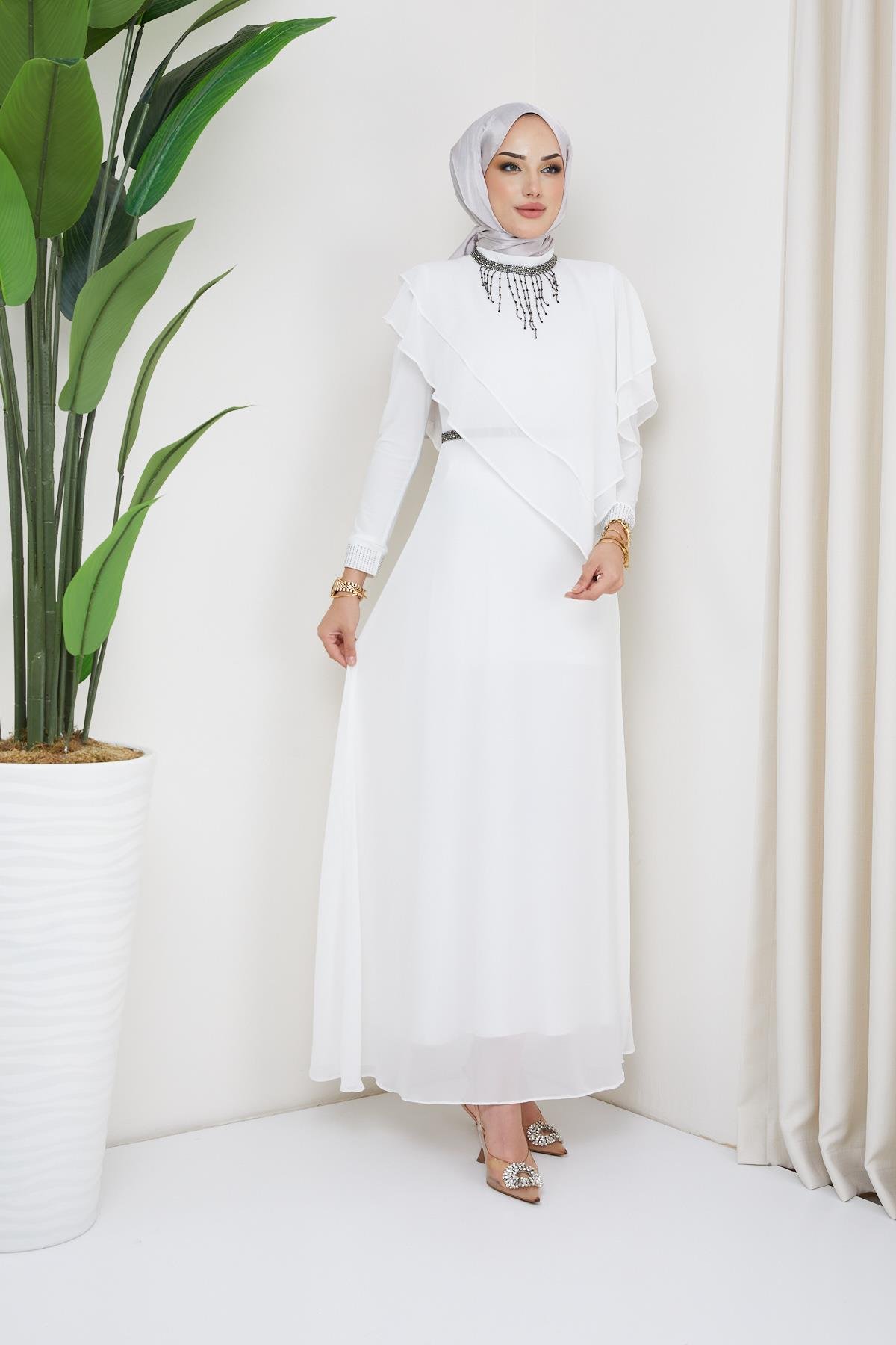Chiffon Hijab Evening Dress with Stone and Flounce Details WHITE 1651