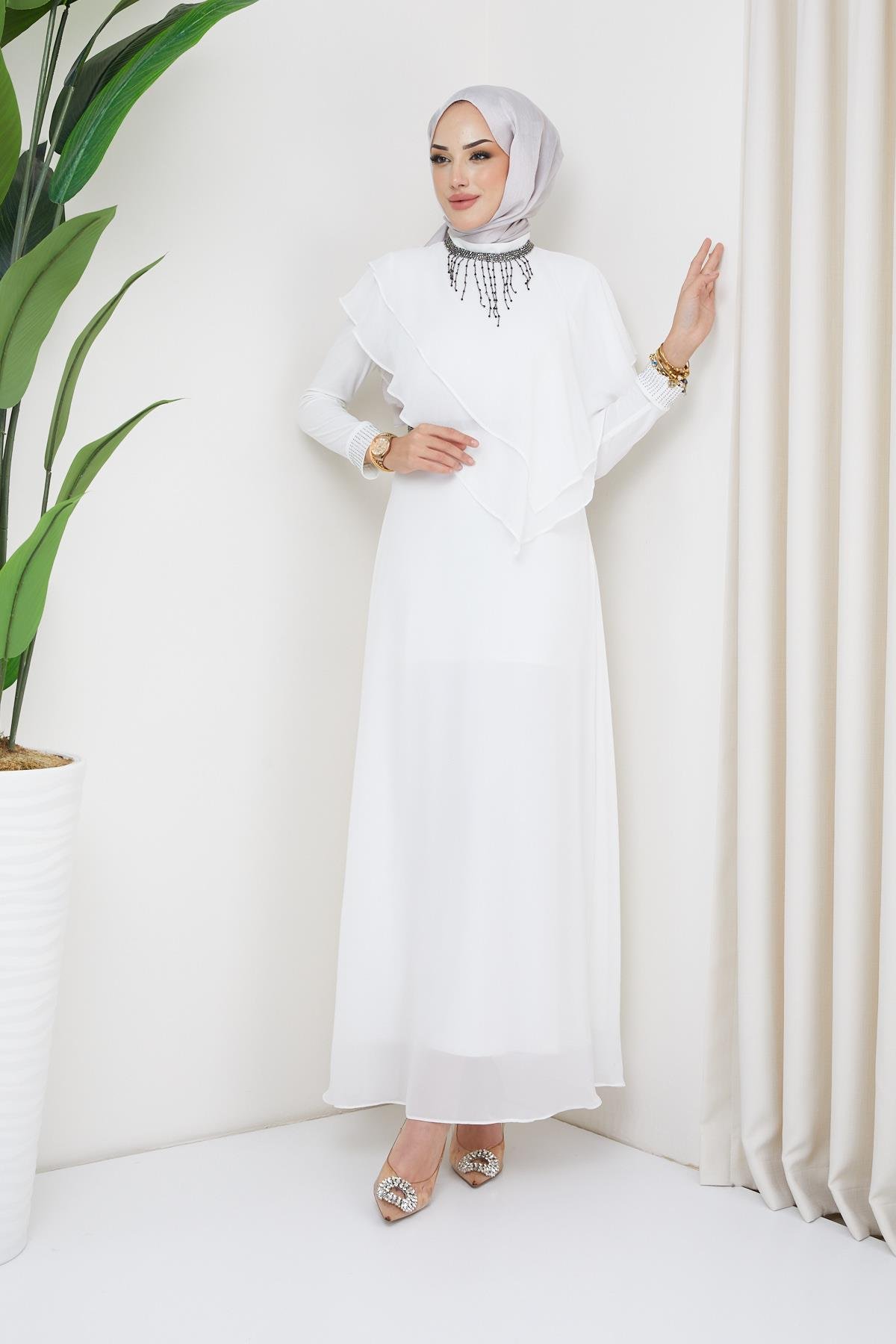 Chiffon Hijab Evening Dress with Stone and Flounce Details WHITE 1651