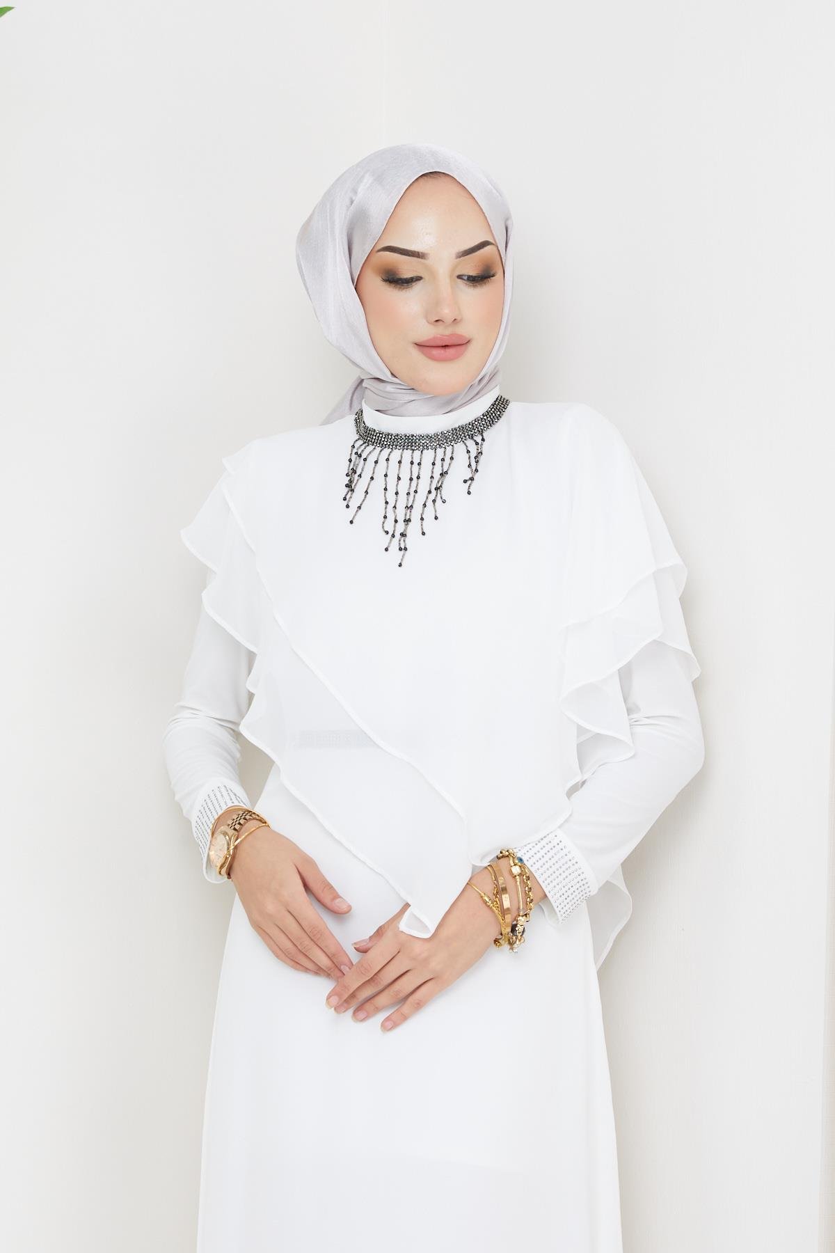 Chiffon Hijab Evening Dress with Stone and Flounce Details WHITE 1651