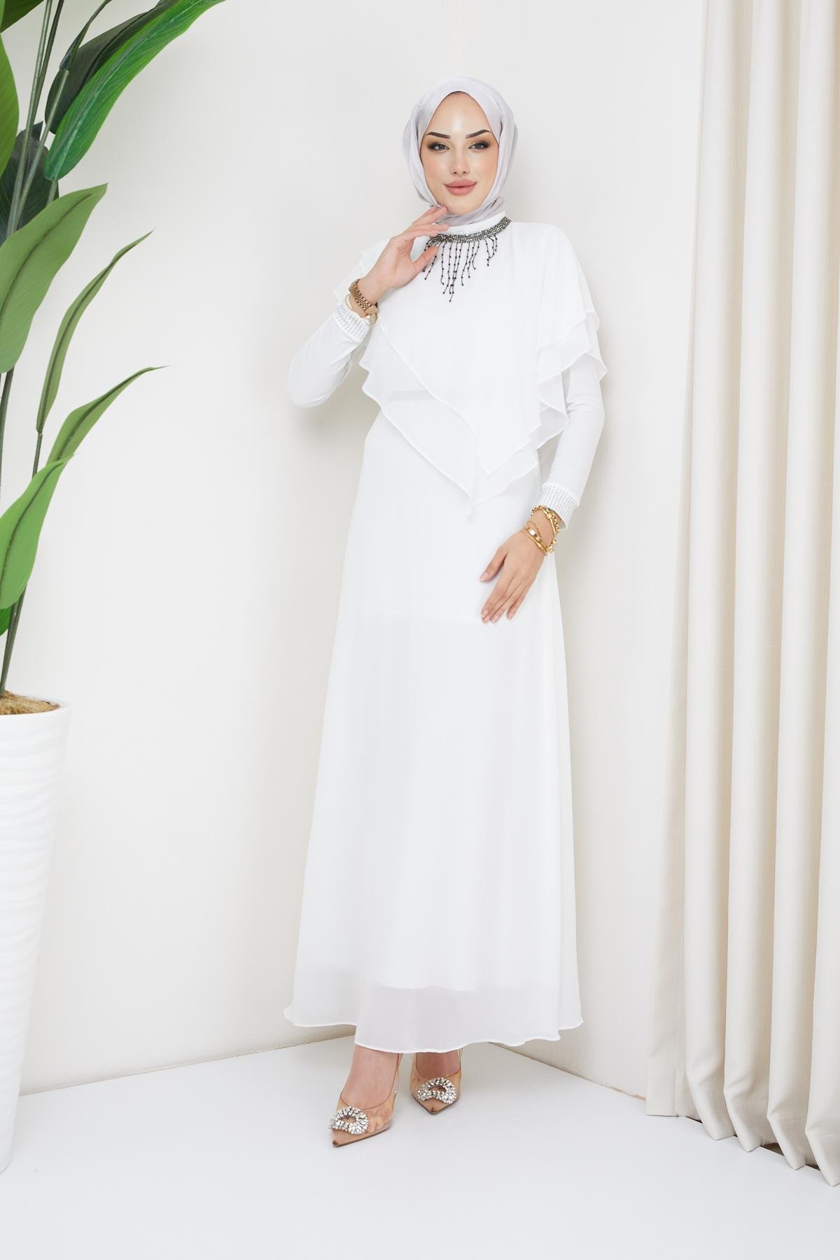 Chiffon Hijab Evening Dress with Stone and Flounce Details WHITE 1651