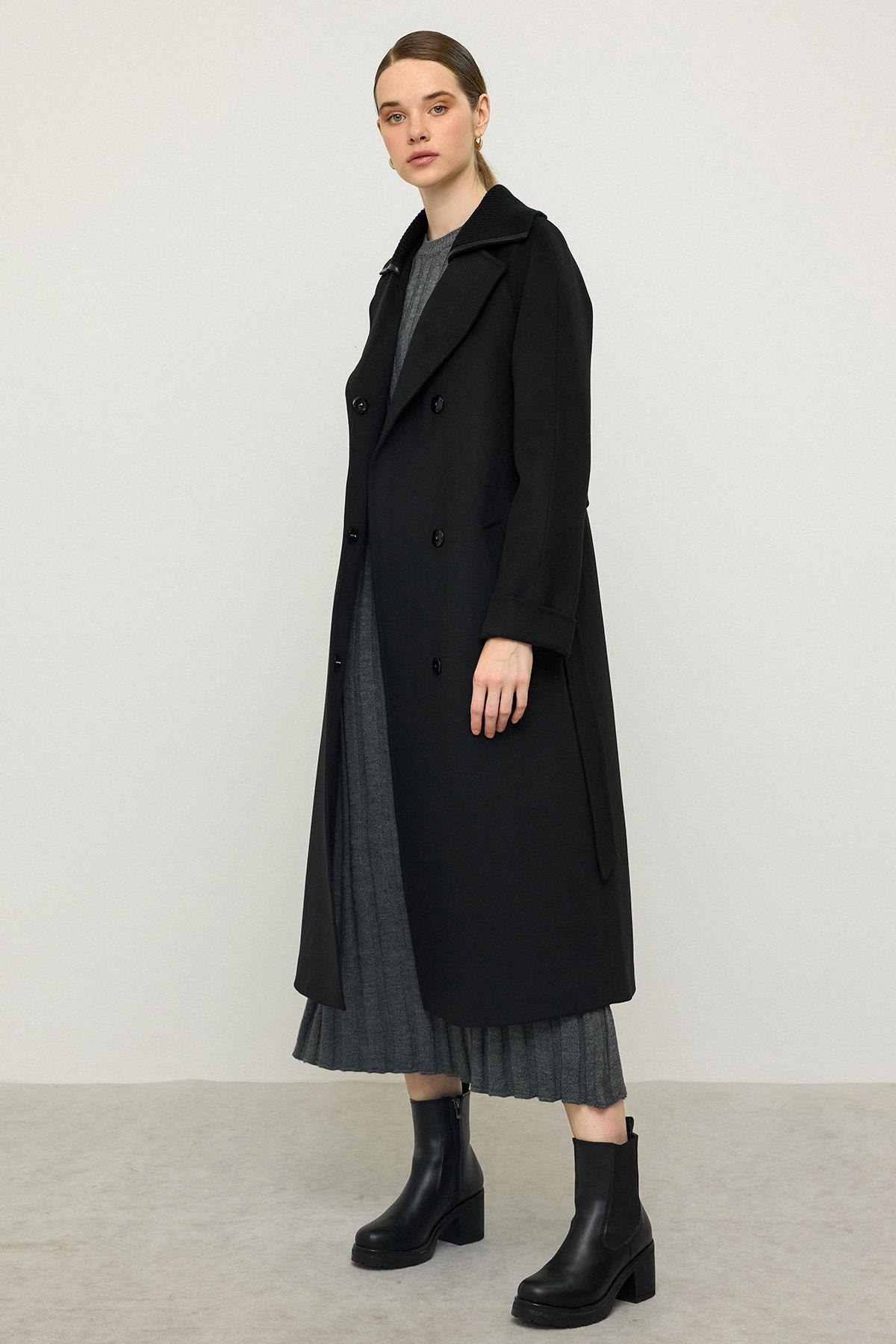 معطف كشمير محبوك بأكمام راجلان وياقة أسود 3099