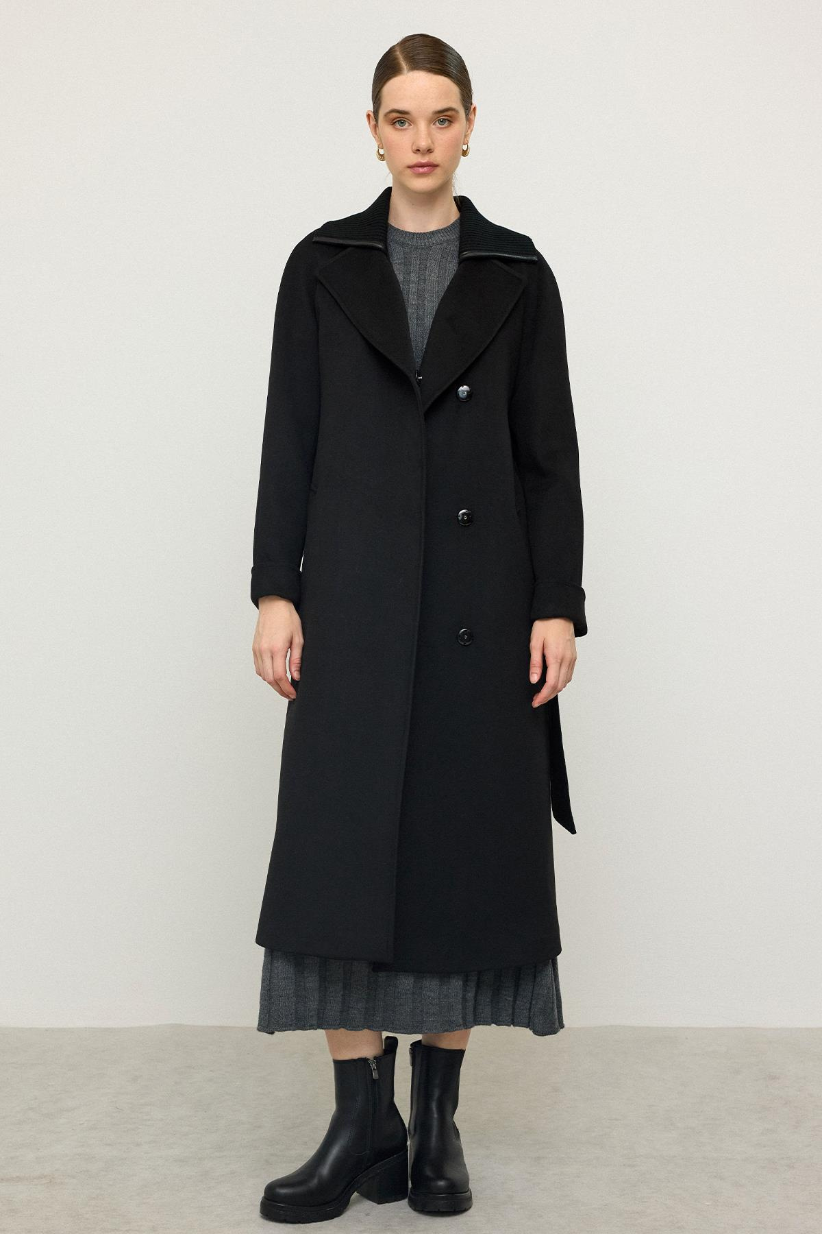 معطف كشمير محبوك بأكمام راجلان وياقة أسود 3099