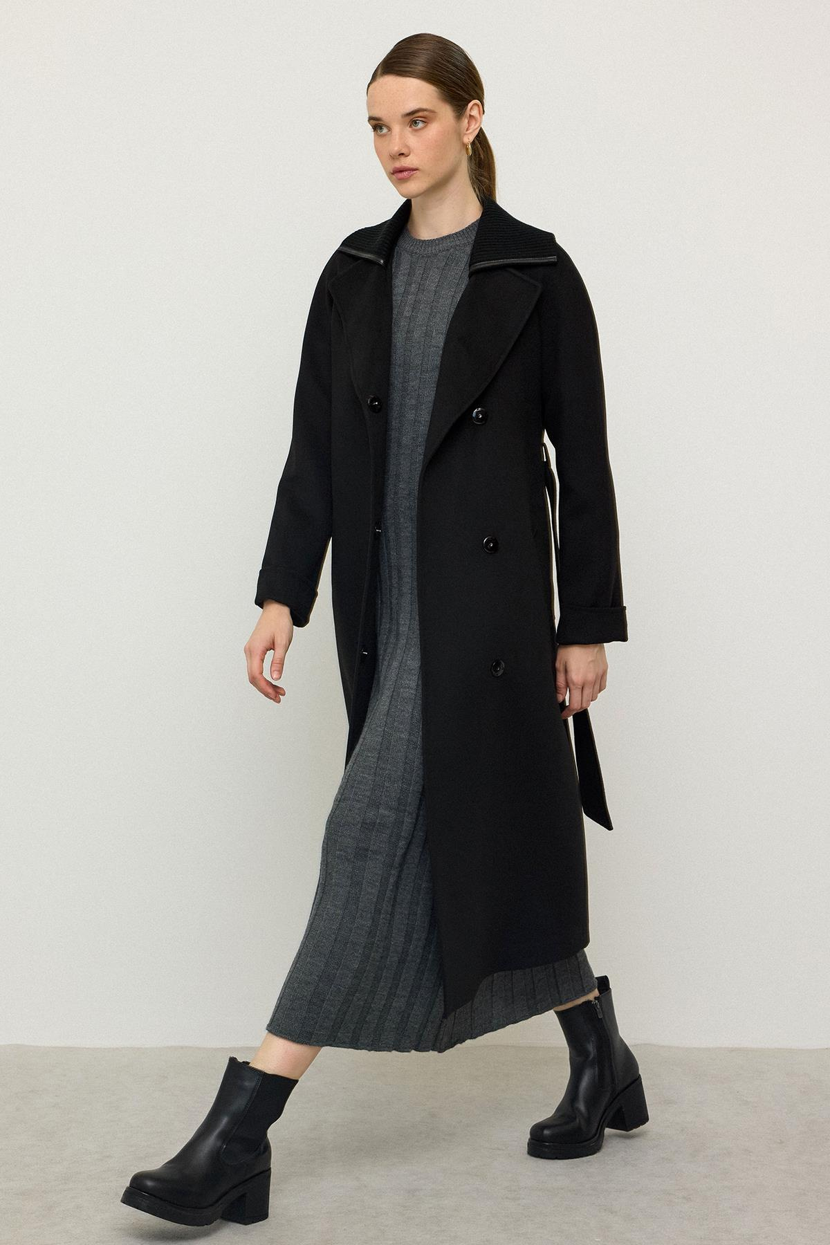 معطف كشمير محبوك بأكمام راجلان وياقة أسود 3099