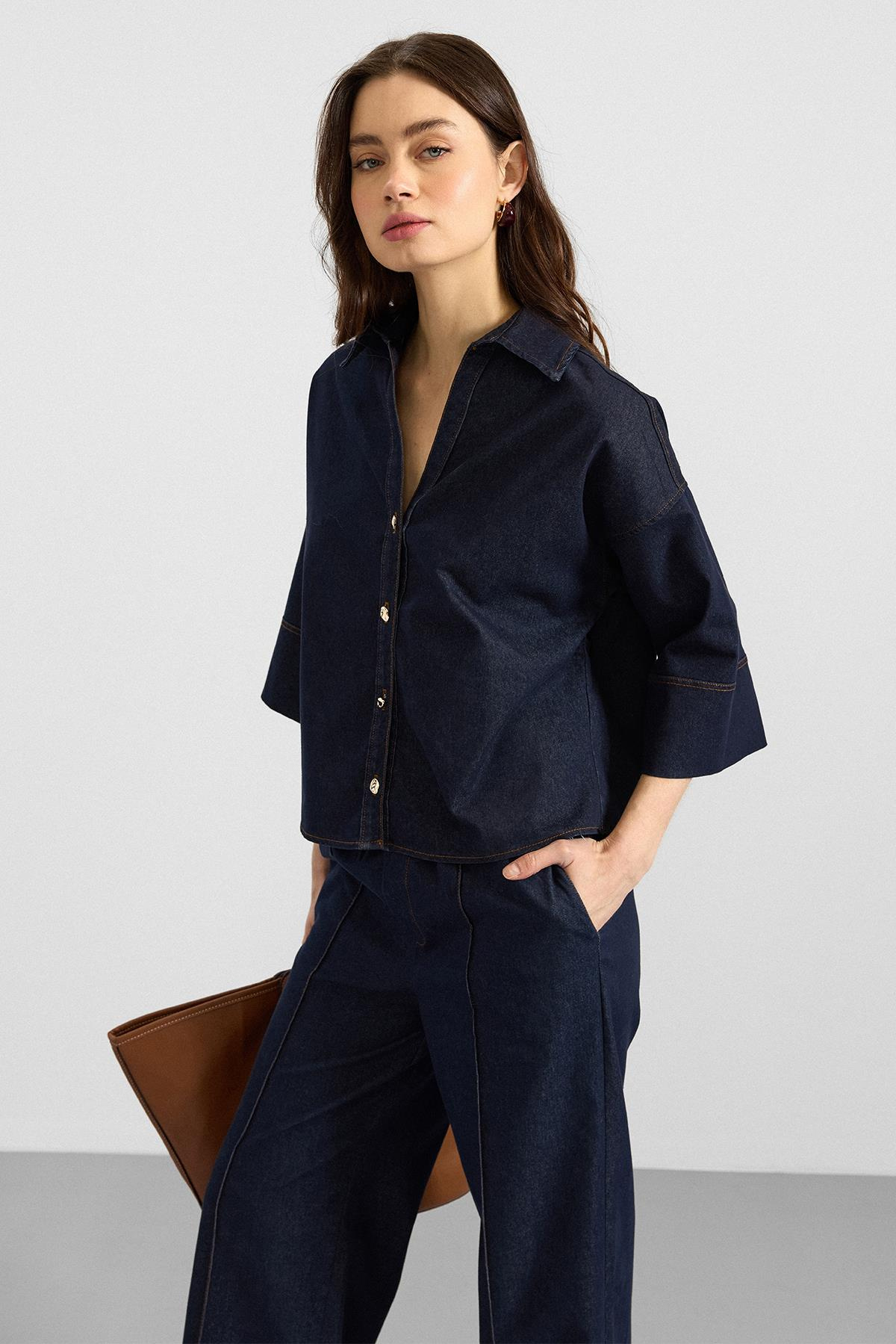 Truvakar Kol Ceket Pantolon Denim İkili Takım LACİVERT 9415-TK