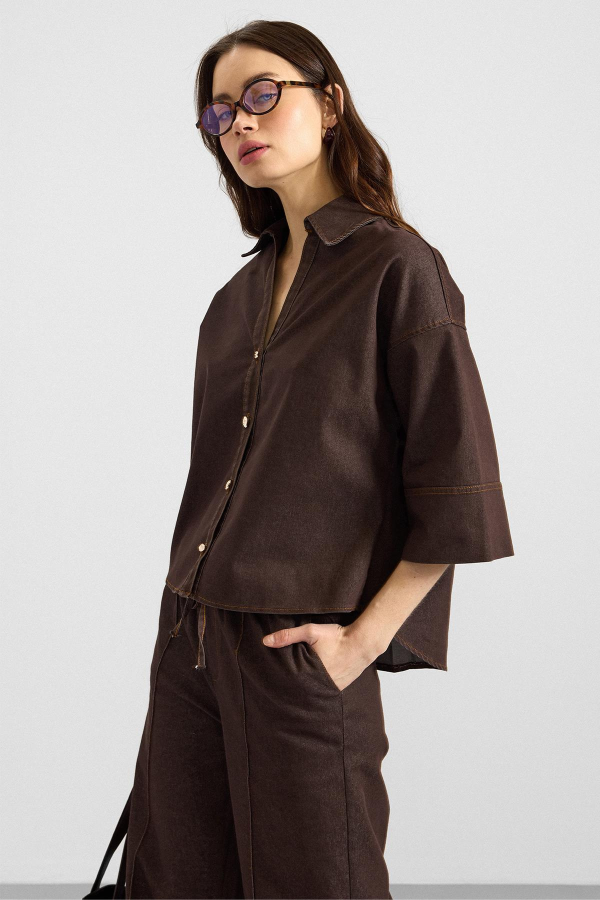 Truvakar Kol Ceket Pantolon Denim İkili Takım KAHVE 9415-TK