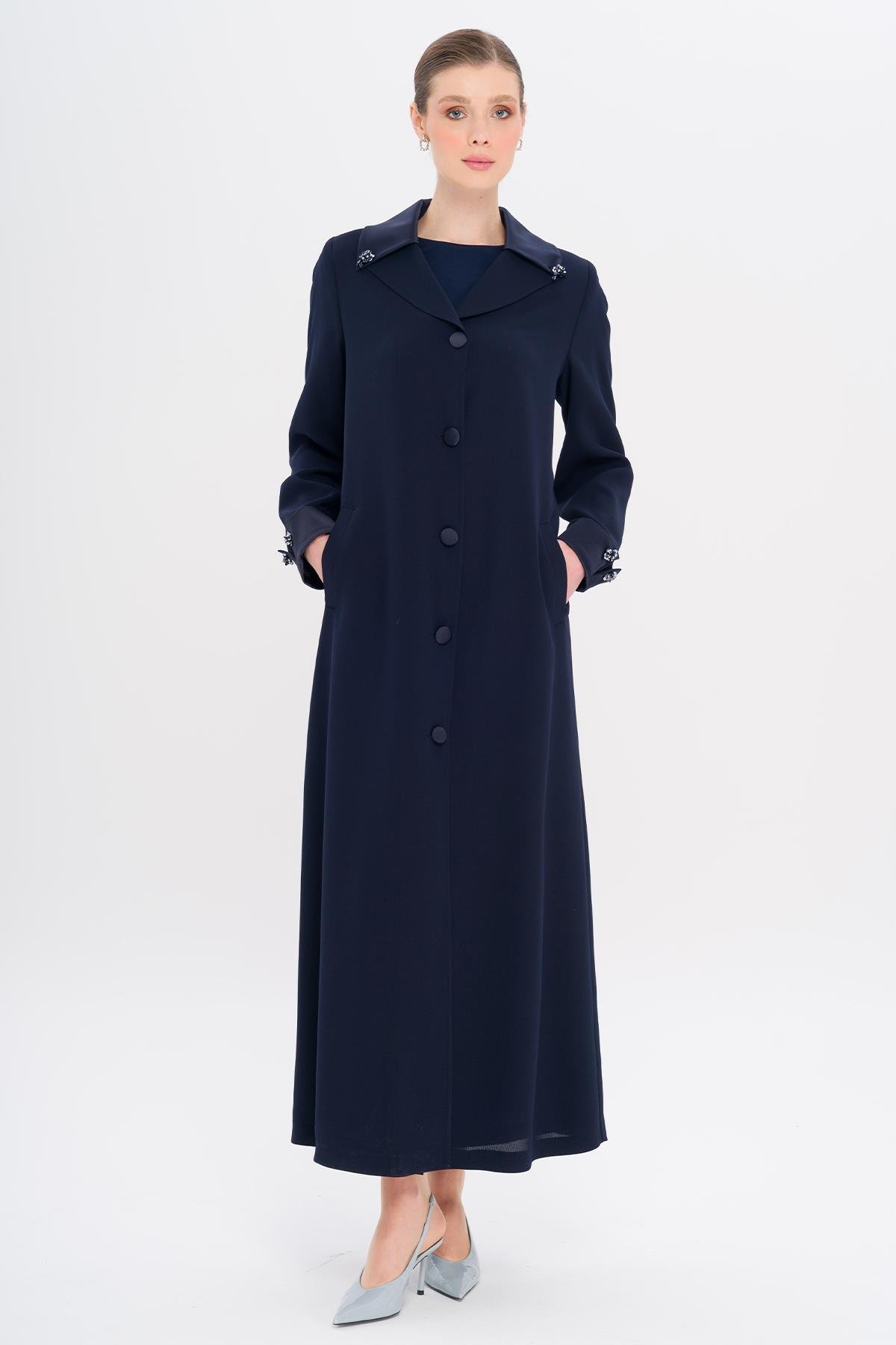 Üst Yakası Saten Garnili Taş Aksesuarlı Astarlı Büyük Beden Pardesü LACİVERT 6718