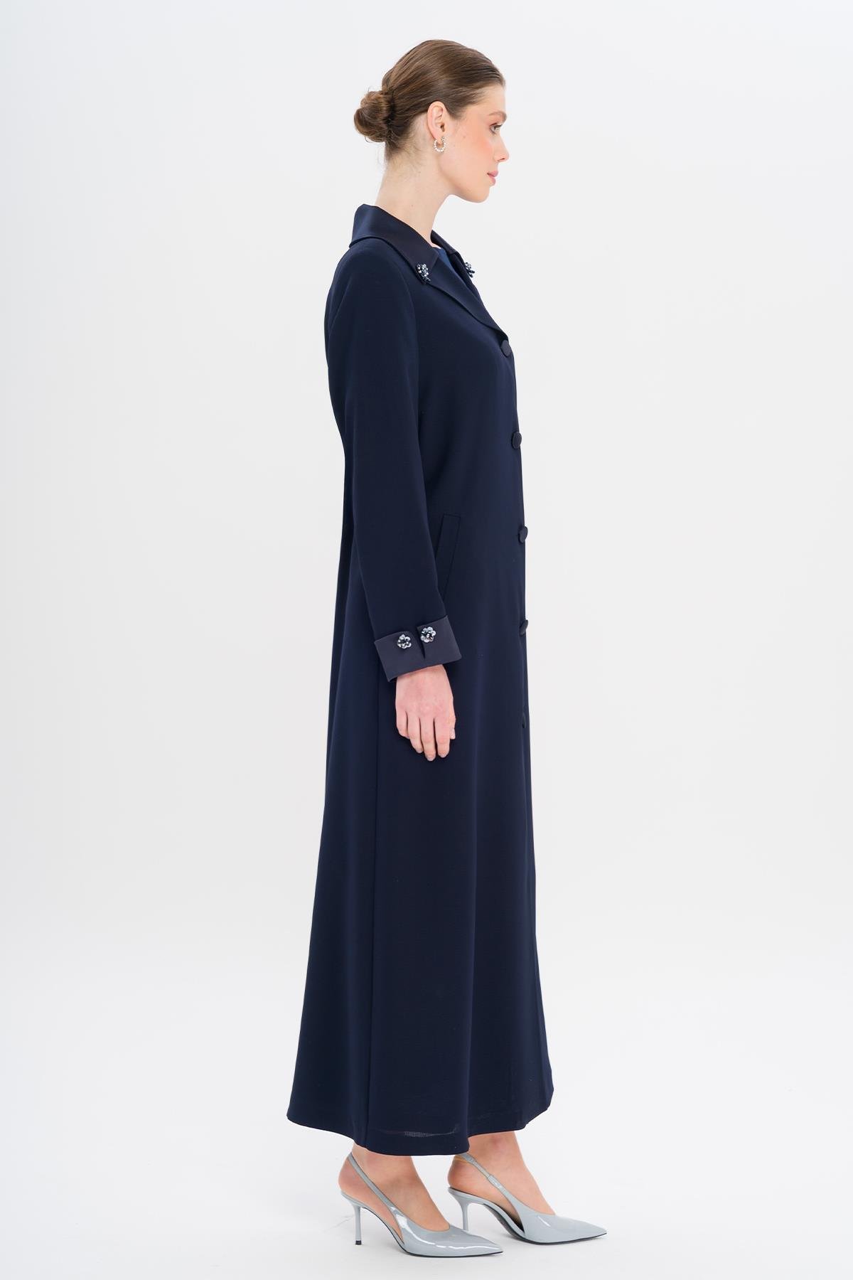 Üst Yakası Saten Garnili Taş Aksesuarlı Astarlı Büyük Beden Pardesü LACİVERT 6718