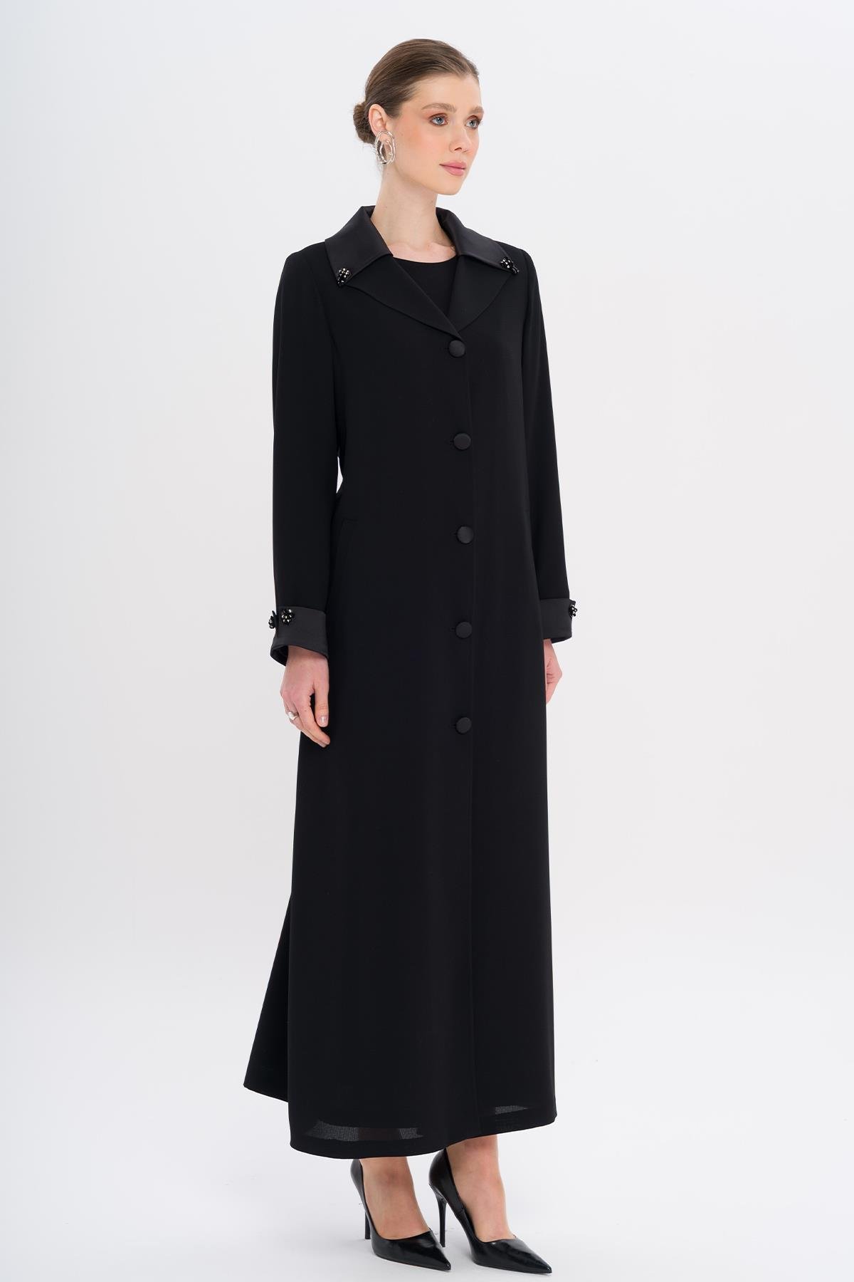 Üst Yakası Saten Garnili Taş Aksesuarlı Astarlı Büyük Beden Pardesü SİYAH 6718