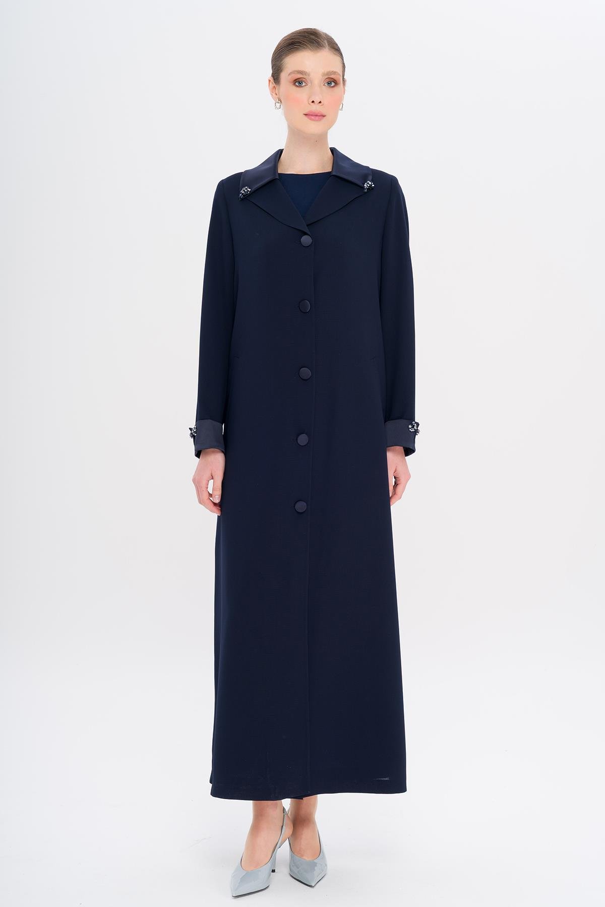 Üst Yakası Saten Garnili Taş Aksesuarlı Astarlı Büyük Beden Pardesü LACİVERT 6718