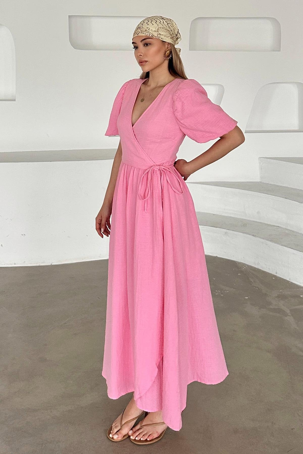 V Yaka Belden Bağlamalı Müslin Elbise PEMBE 9354-E